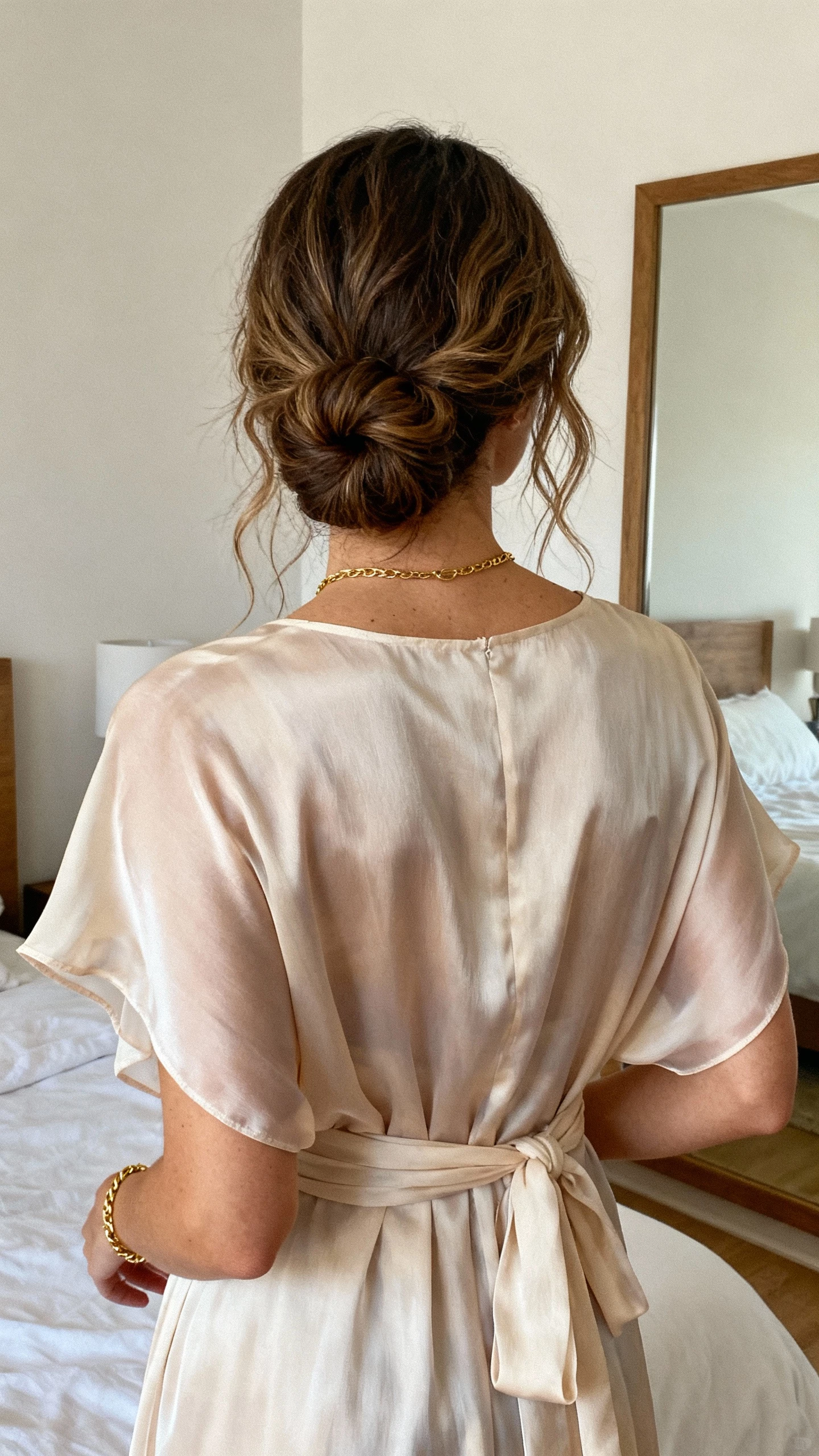 Back-view iPhone selfie of a woman in a chiffon wrap dress, textured low bun with loose face-framing pieces and soft wisps, simple gold necklace and bracelet, face not visible, bedroom mirror with soft daylight, natural iPhone photo.