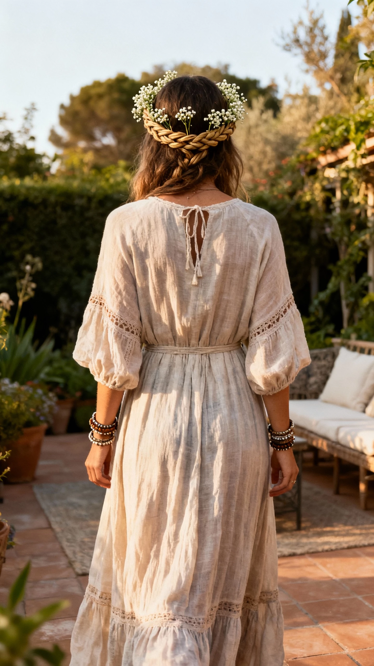 Back-view iPhone selfie of a woman in a flowy boho maxi dress, braided crown wrapping around the head with tiny baby’s breath pins, layered bracelets, face not visible, taken in a garden patio, late afternoon natural light, casual iPhone photo.