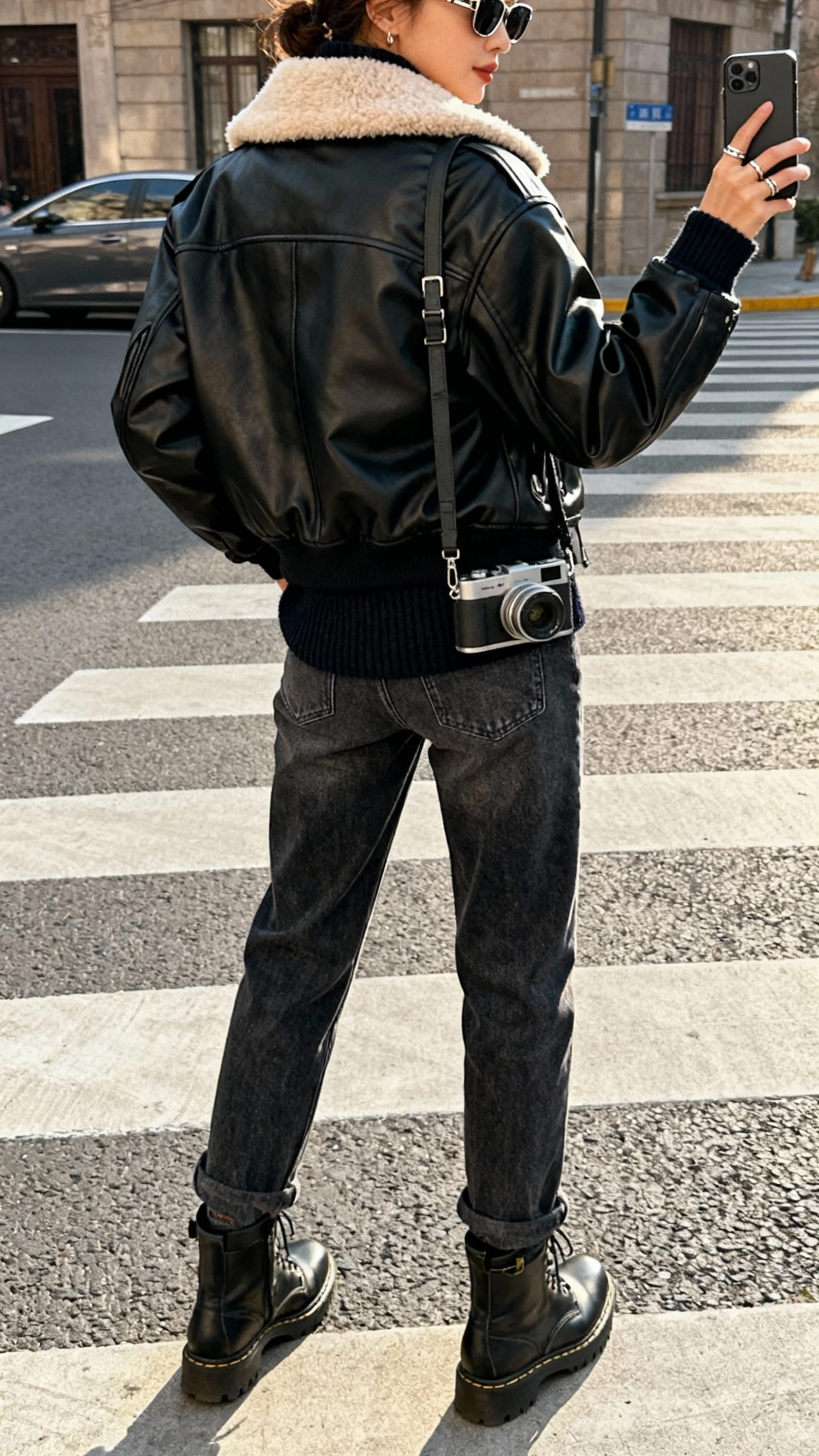 Back-view iPhone selfie of a woman wearing a black shearling-lined aviator jacket over a crewneck sweater, straight-leg jeans, combat boots, crossbody camera bag, minimal rings and aviator sunglasses, face not visible, city street crosswalk, afternoon light, casual iPhone photo.