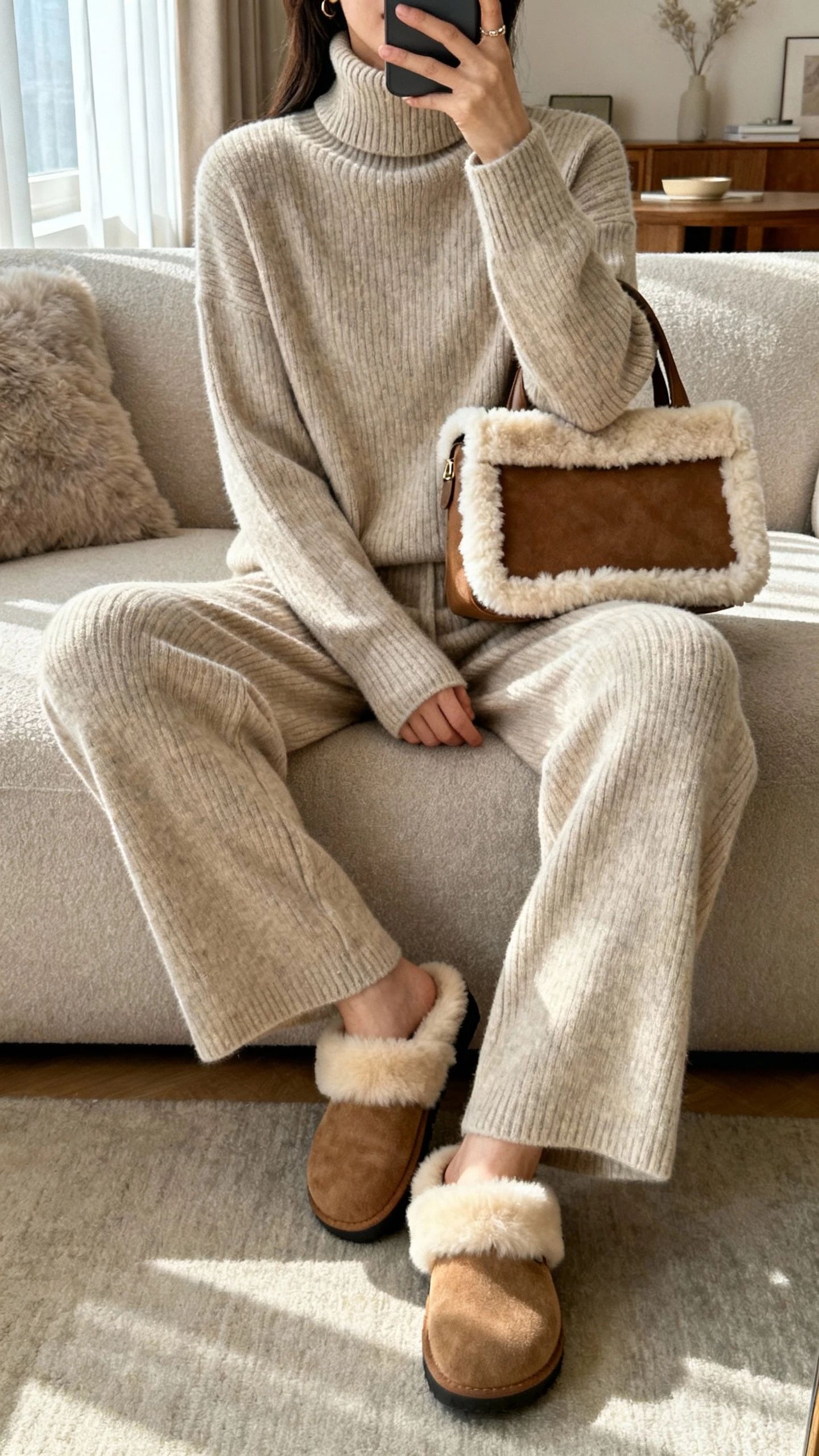 Cozy iPhone couch selfie cropped at neck showing a woman in a matching knit turtleneck and knit pants set with shearling-lined clogs and a shearling-trim bag, face not visible, living room with soft window light, natural iPhone photo.