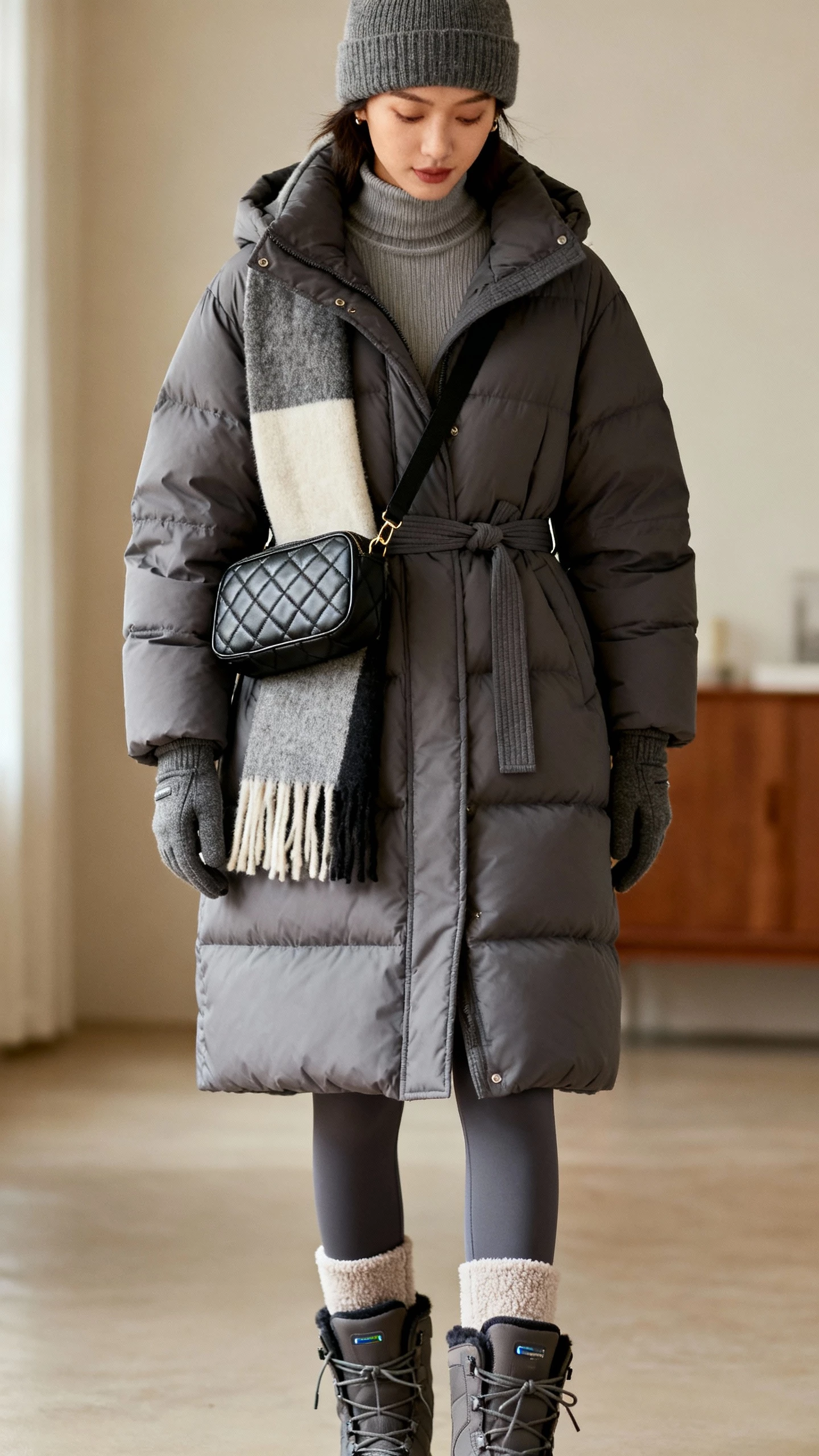 Elevator mirror selfie of a woman in a mid-length belted puffer, thermal mock-neck, fleece-lined leggings, waterproof winter boots, tech gloves, beanie, quilted crossbody, oversized contrasting scarf, face not visible, chest-down crop, indoor lighting, natural iPhone quality.