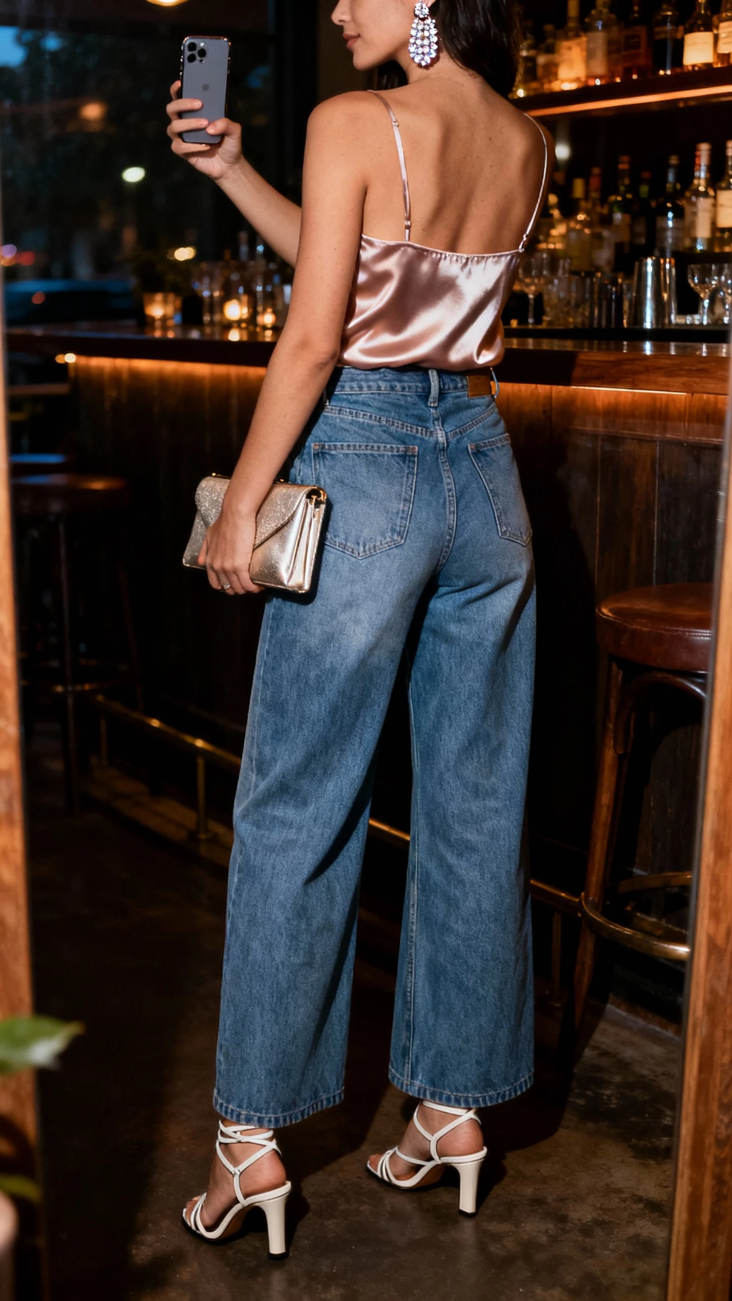 iPhone back-view bar selfie of a woman wearing wide leg jeans, satin cami, strappy heels, clutch, sparkly earrings, face not visible, dim evening indoor light with warm glow, natural iPhone photo quality.