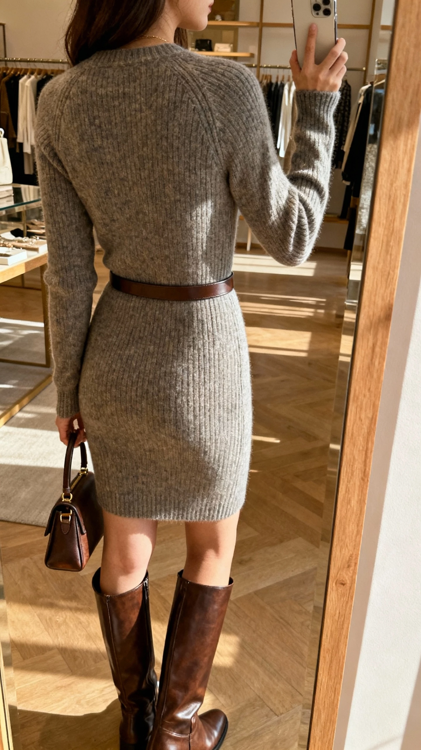 iPhone back-view selfie in a boutique mirror of a woman wearing a fitted knit sweater dress with knee-high leather boots, slim belt at waist, small top-handle bag, face not visible, warm indoor lighting, natural iPhone photo quality