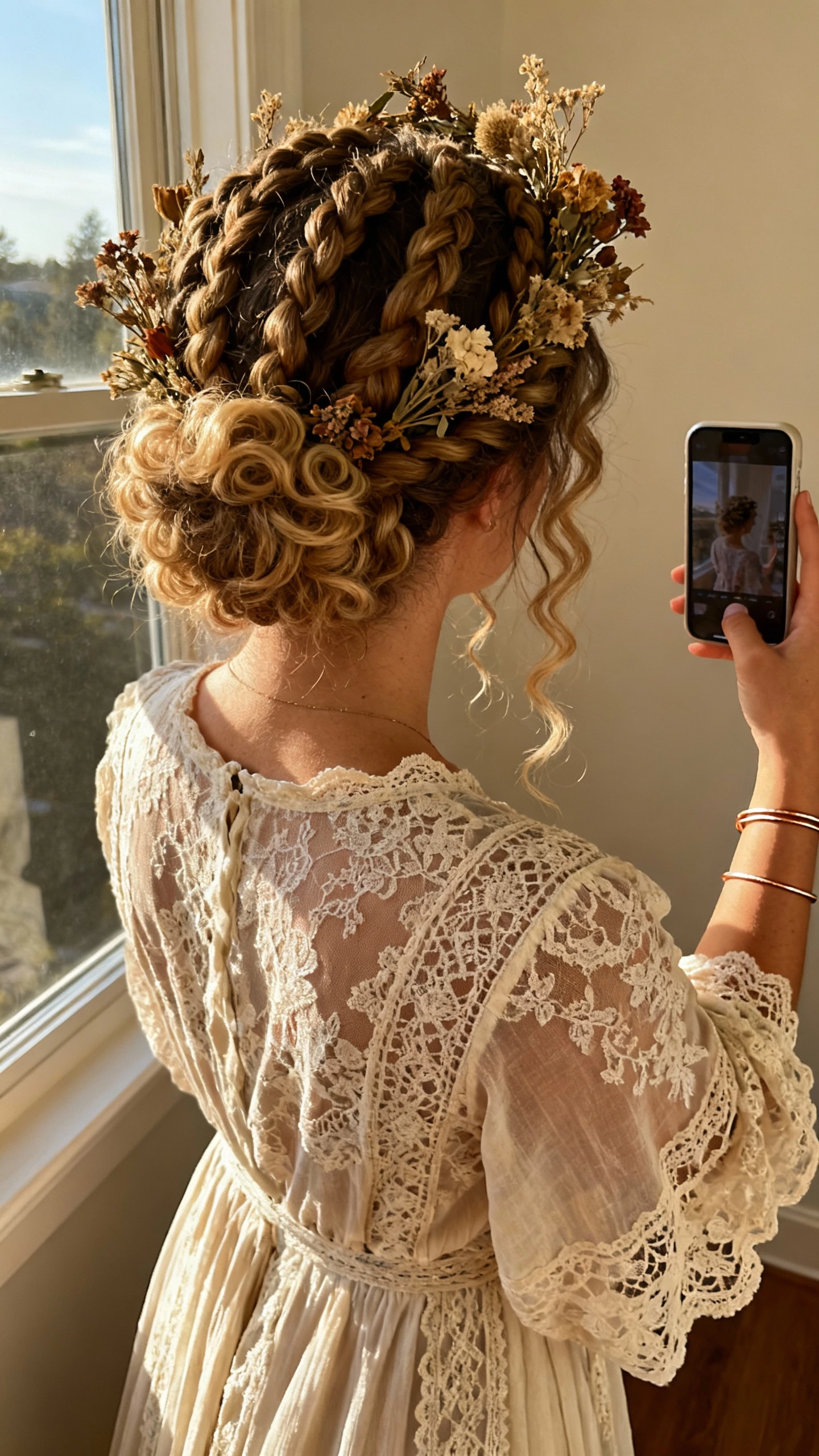iPhone back-view selfie of a crown of twists with soft curls and dried florals pinned throughout, wearing a lace boho gown and thin bangles, face not visible, near window with warm afternoon light, natural iPhone photo quality.