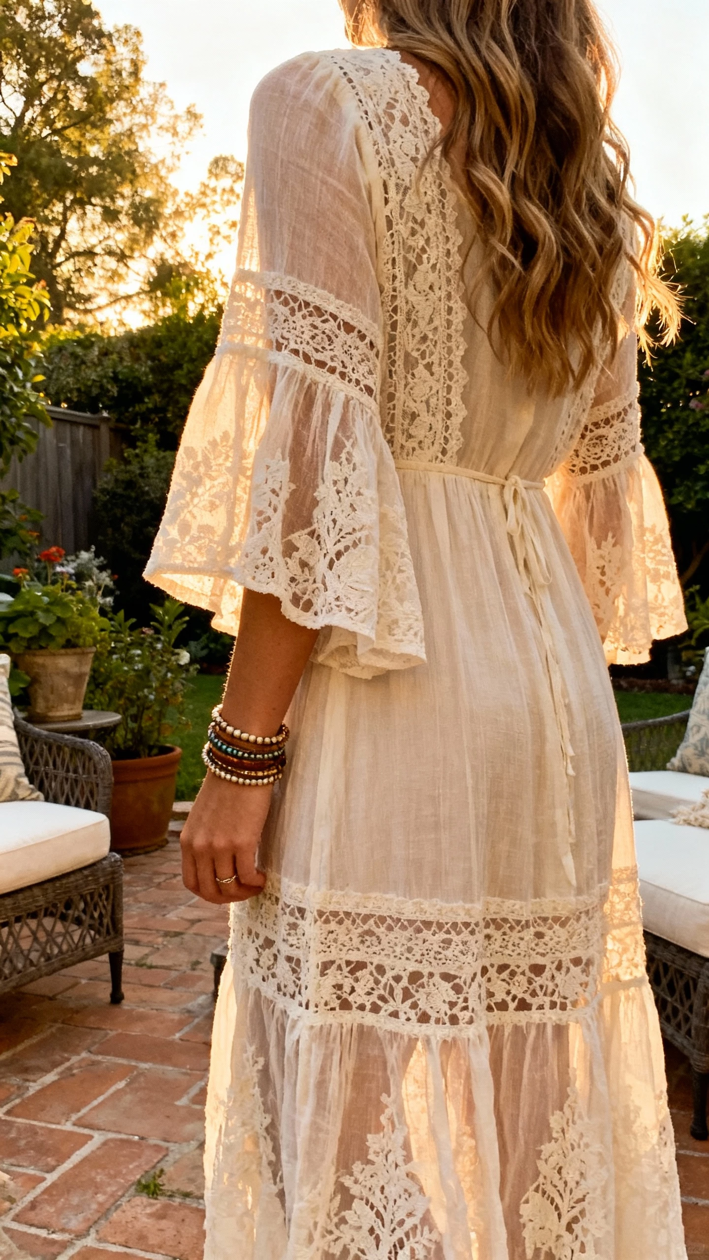 iPhone back-view selfie of a woman in a boho lace wedding dress with airy bell sleeves and relaxed fit, layered bracelets, loose waves visible from behind, face not visible, garden patio setting, golden afternoon light, casual iPhone photo.