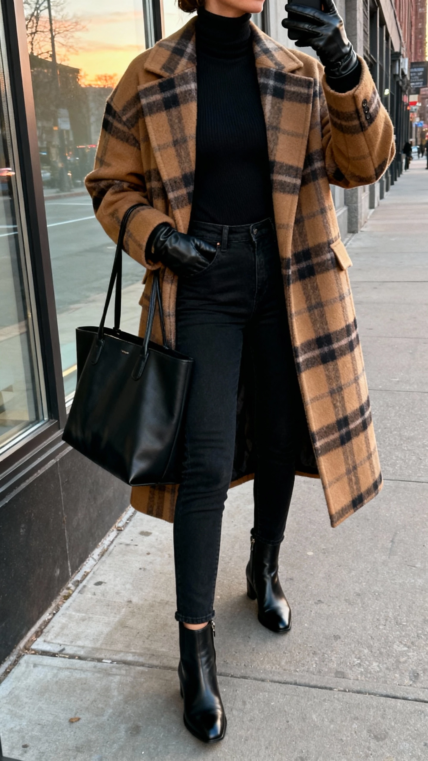 iPhone back-view selfie of a woman in a bold statement coat (camel or plaid) over an all-black base: fitted turtleneck, slim black jeans, sleek ankle boots, black tote, and leather gloves, face not visible, taken on a city sidewalk window reflection at dusk, natural daylight.