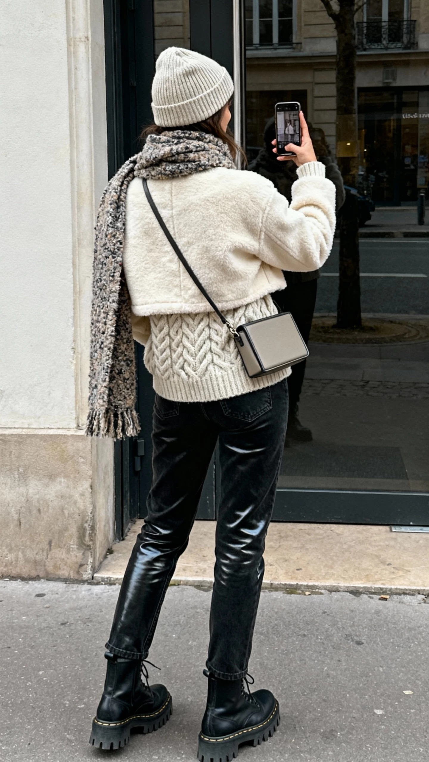 iPhone back-view selfie of a woman in a cream faux shearling cropped jacket over a contrasting chunky cable-knit sweater, coated black jeans, lug-sole combat boots, a bouclé scarf, ribbed beanie, and a boxy crossbody; face not visible, city street doorway reflection, overcast daylight, casual iPhone photo.