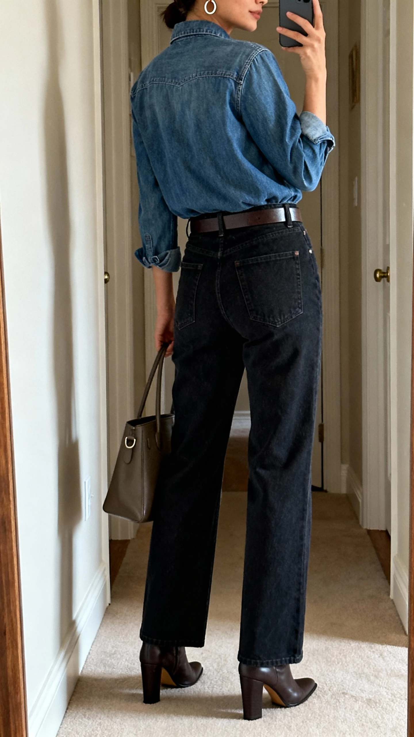 iPhone back-view selfie of a woman in a denim shirt tucked into darker bootcut jeans, belt, heeled boots, subtle hoops, structured tote; face not visible, taken in hallway mirror, warm indoor lighting, natural iPhone photo quality.
