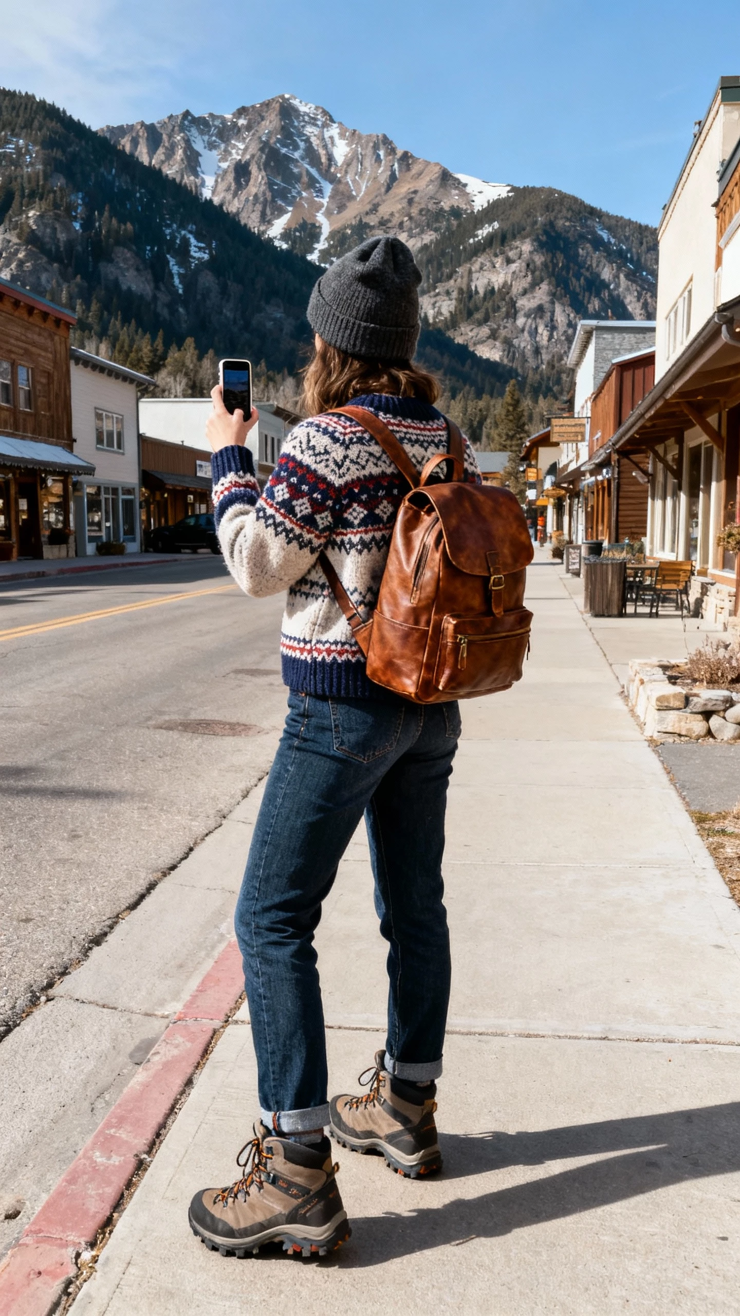 iPhone back-view selfie of a woman in a Fair Isle knit with straight jeans and hiking-style boots, beanie and leather backpack, face not visible, mountain-town sidewalk, crisp natural daylight, natural iPhone photo quality