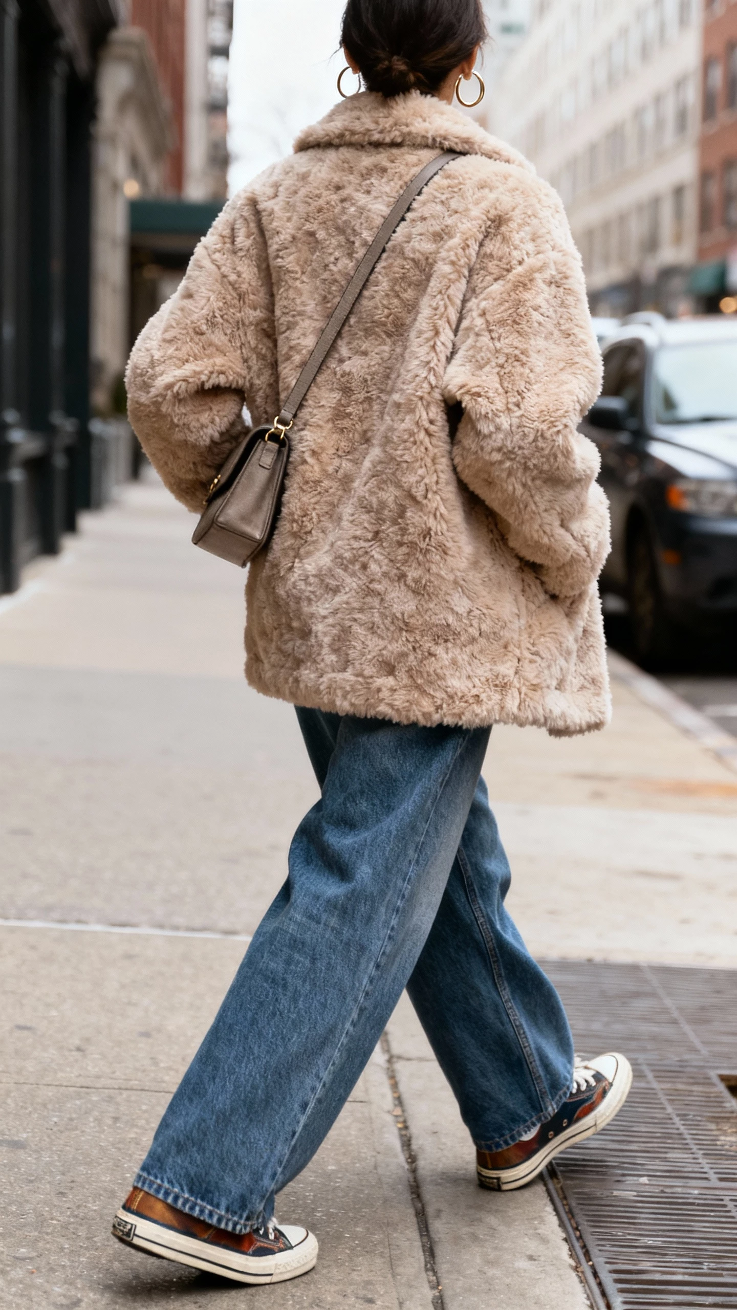 iPhone back-view selfie of a woman in a faux-fur teddy coat, wide-leg jeans, vintage-style sneakers, crossbody bag, and hoop earrings, walking on a city sidewalk, face not visible, natural daylight, casual iPhone photo.