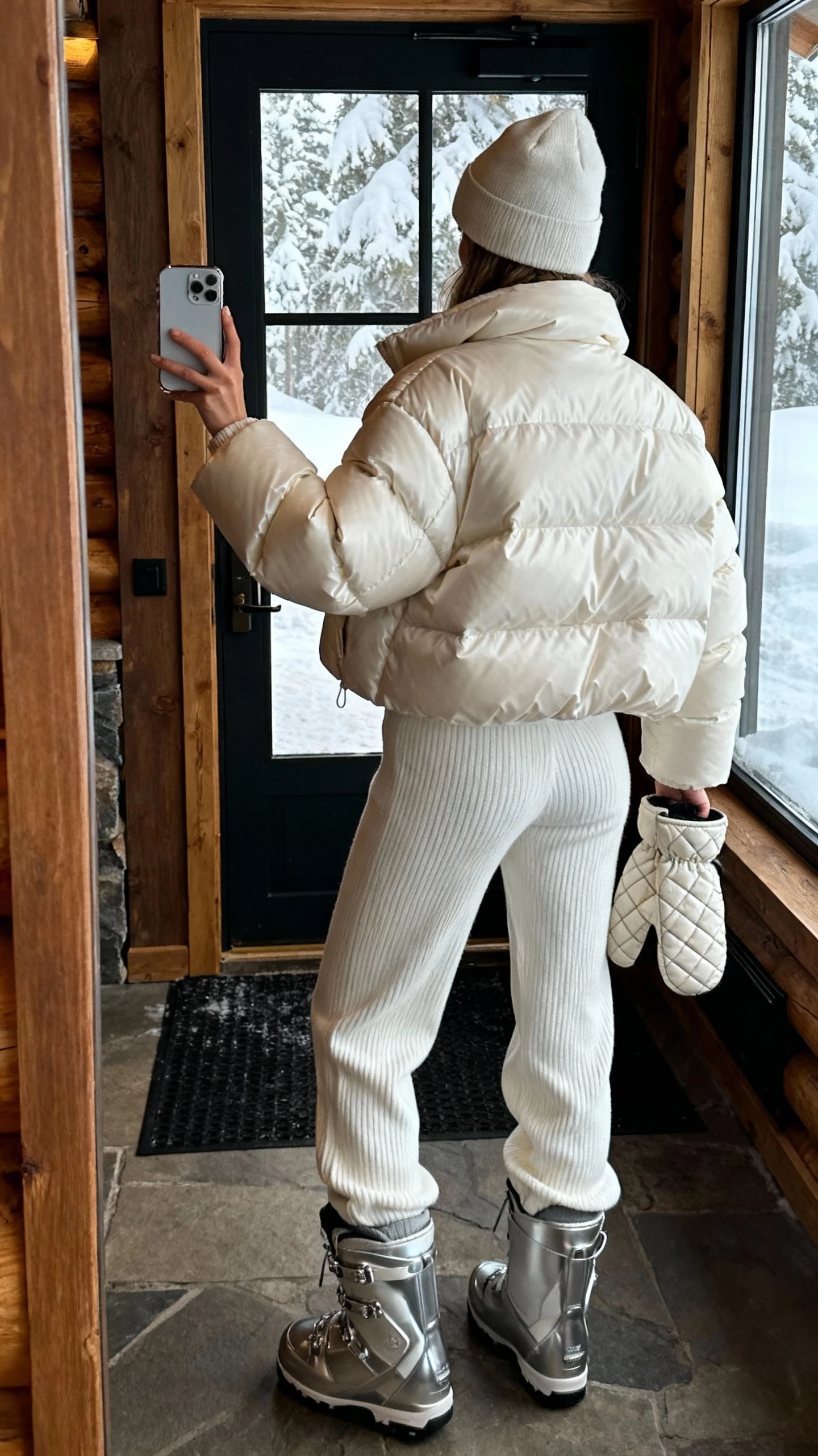 iPhone back-view selfie of a woman in a luxe puffer jacket over a monochrome knit set with sleek snow boots, beanie and quilted mittens in hand, face not visible, ski lodge entryway with snowy window light, casual iPhone photo.