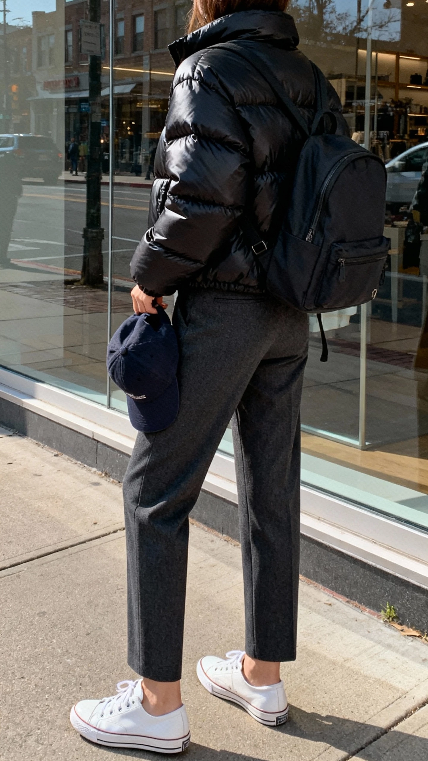 iPhone back-view selfie of a woman in a matte black puffer jacket, tailored charcoal trousers, white leather sneakers, baseball cap tucked under arm, simple backpack, face not visible, city sidewalk reflected in shop window, natural daylight, casual iPhone photo.