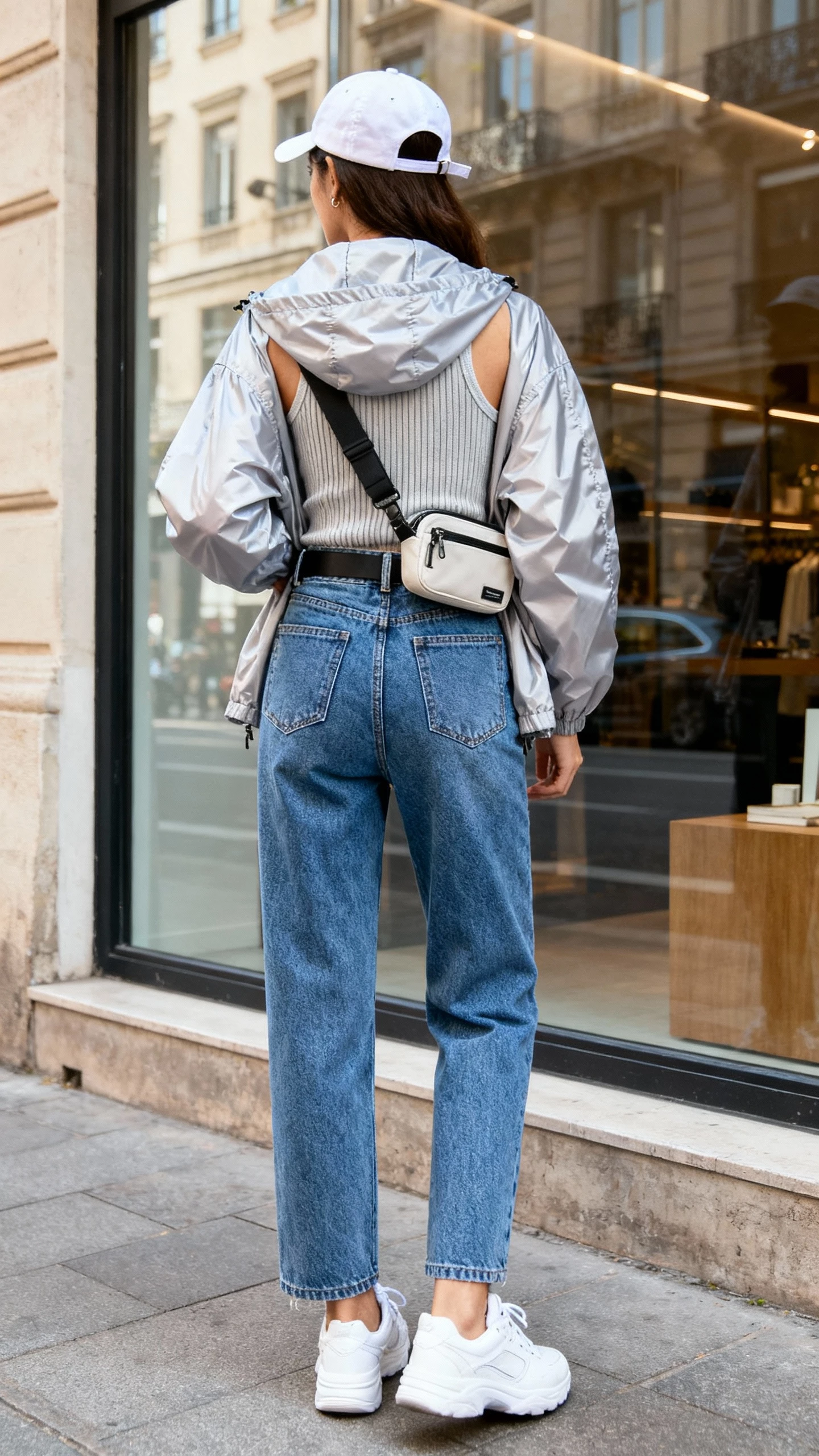 iPhone back-view selfie of a woman in a sporty-cool weekend outfit: lightweight nylon windbreaker over a ribbed tank, blue high-rise jeans, white sneakers, baseball cap, crossbody belt bag; face not visible, city street reflection in a shop window, daylight, casual iPhone photo