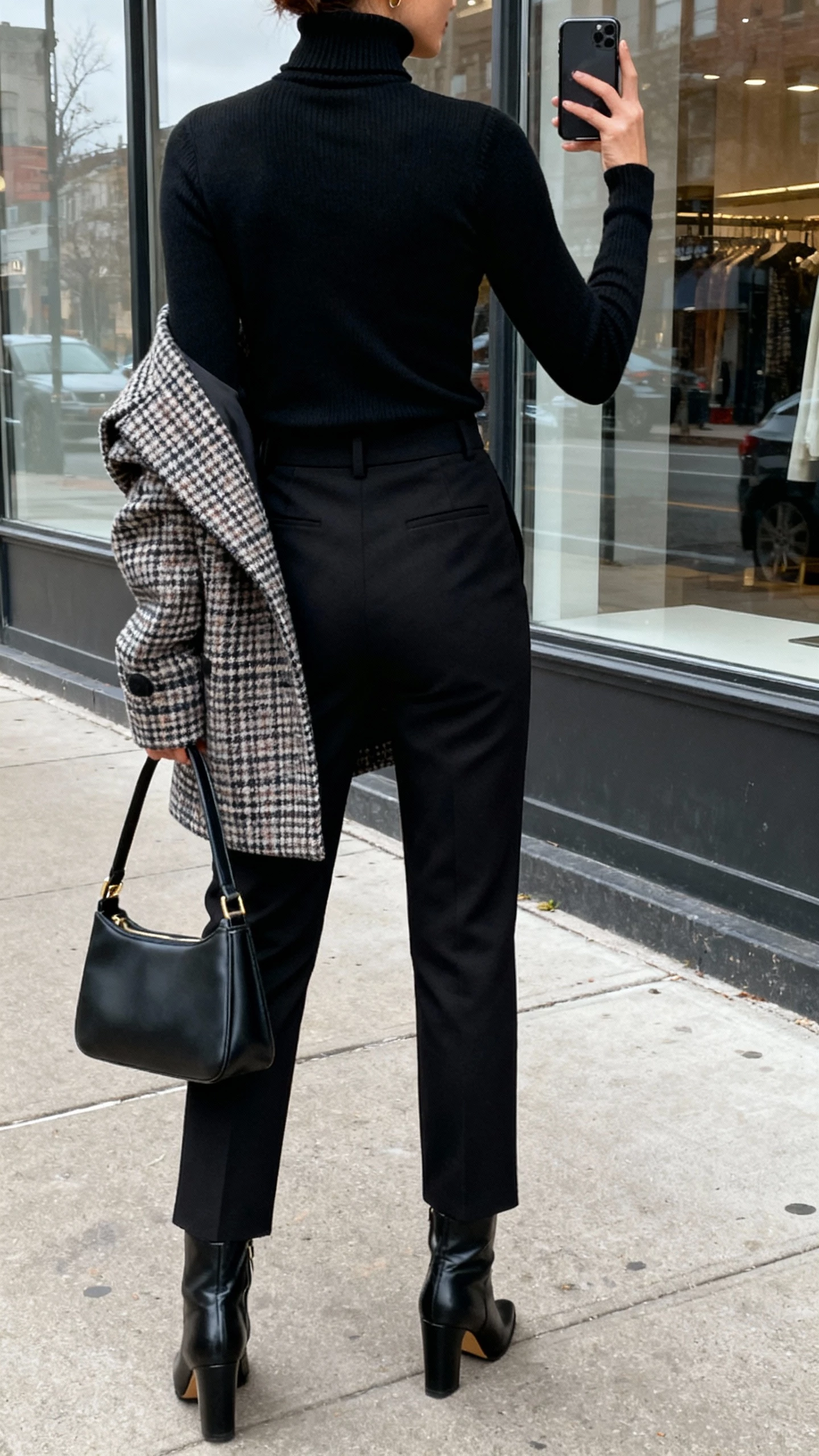 iPhone back-view selfie of a woman in all-black: fitted black turtleneck, black tailored pants, black heeled leather boots, carrying a structured top-handle bag, topped with a plaid statement coat, face not visible, sidewalk reflection in shop window, overcast daylight, natural iPhone photo quality.