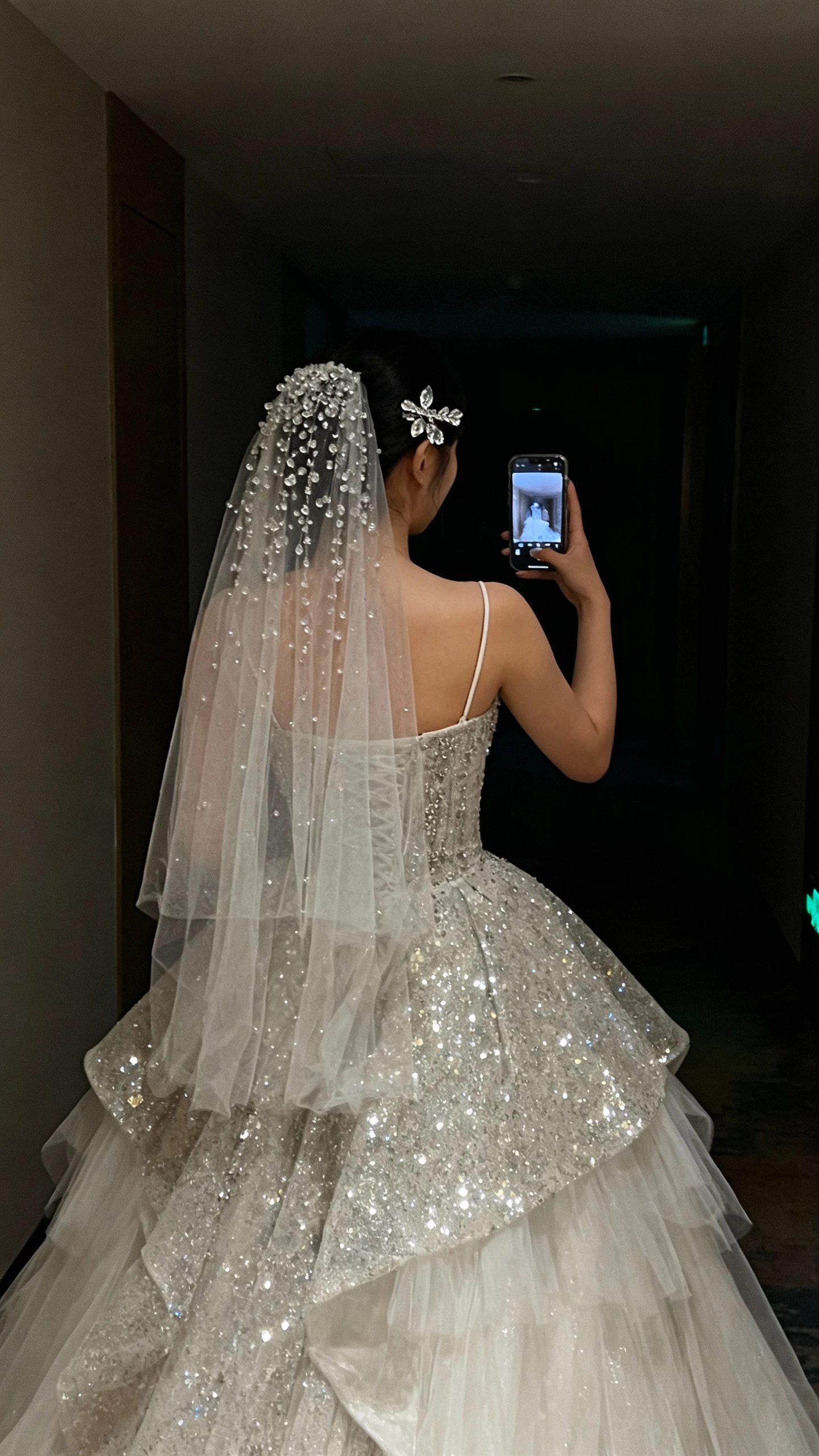 iPhone back-view selfie of a woman in shimmering beaded tulle wedding dress with sparkly overlay, fitted bodice, thin straps, chapel-length beaded veil, crystal hairpins, face not visible, dim hallway with evening indoor lighting, natural iPhone photo quality