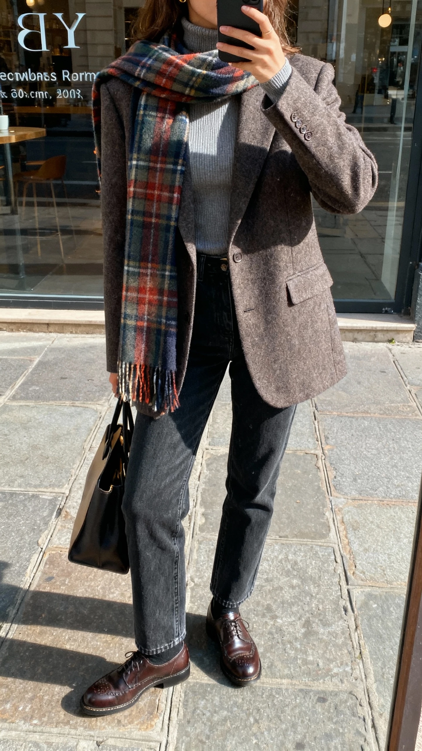 iPhone back-view selfie of a woman layering a tartan scarf over a fitted turtleneck and a tailored wool blazer, straight jeans, brogues, tote, face not visible, city street storefront reflection, cool daylight, casual iPhone photo.