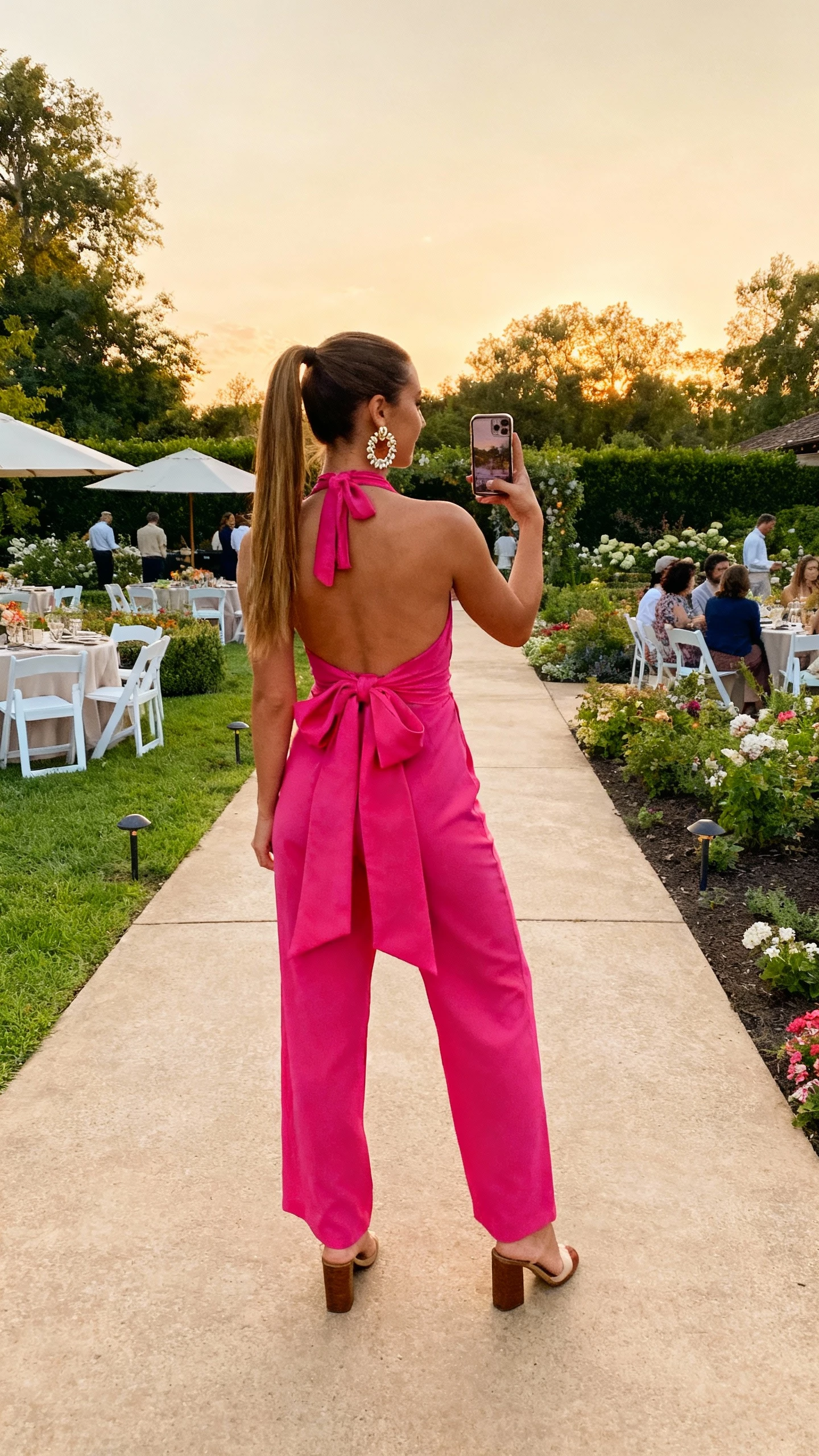 iPhone back-view selfie of a woman wearing a bold-color halter jumpsuit with a dramatic back tie, statement earrings, high ponytail, block heels, face not visible, garden venue pathway, golden-hour light, natural iPhone photo quality