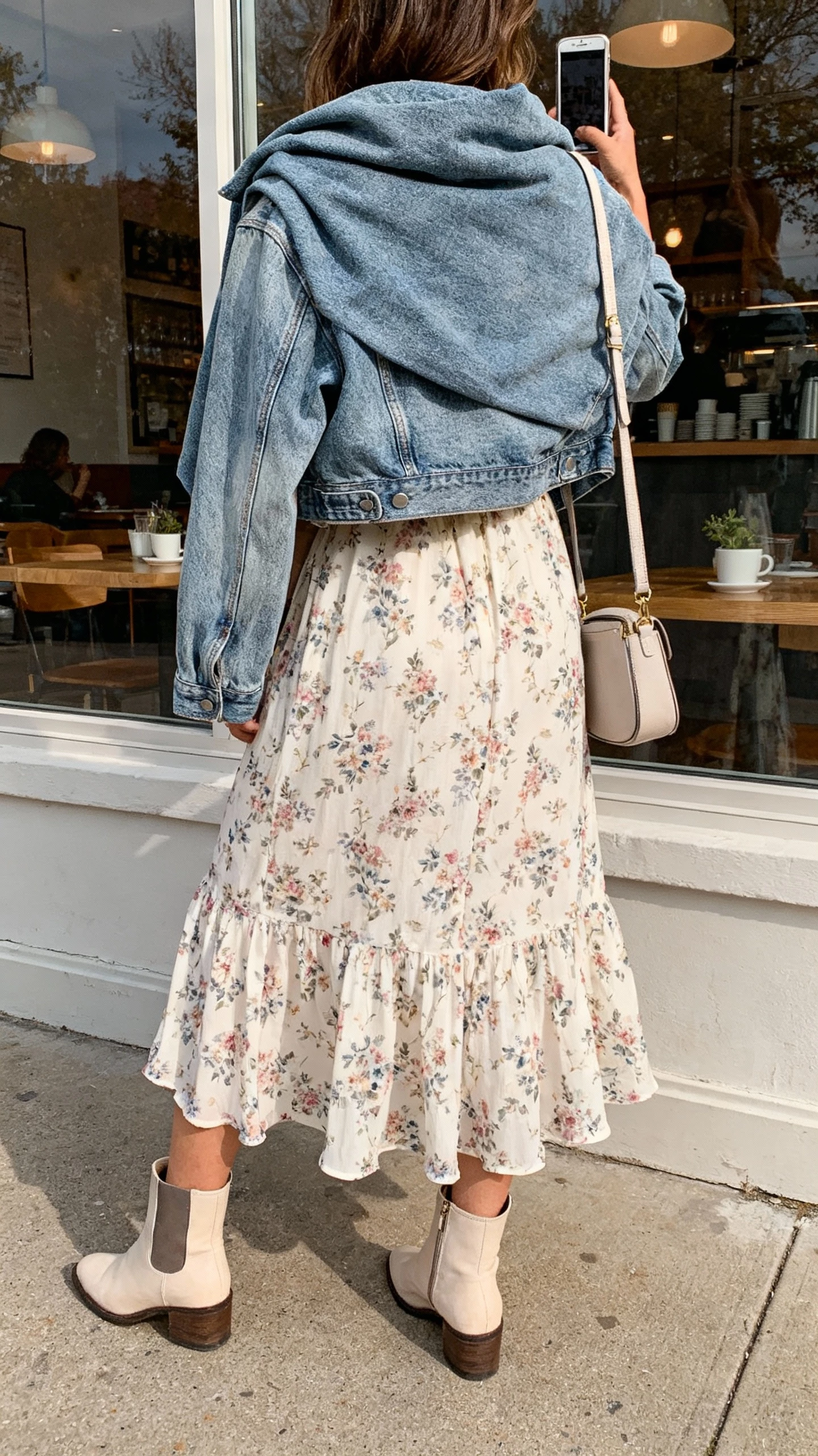 iPhone back-view selfie of a woman wearing a breezy floral midi dress with a medium-wash denim jacket over the shoulders, ankle boots, small shoulder bag, face not visible, taken outside a cafe window, soft afternoon light, natural iPhone photo quality.