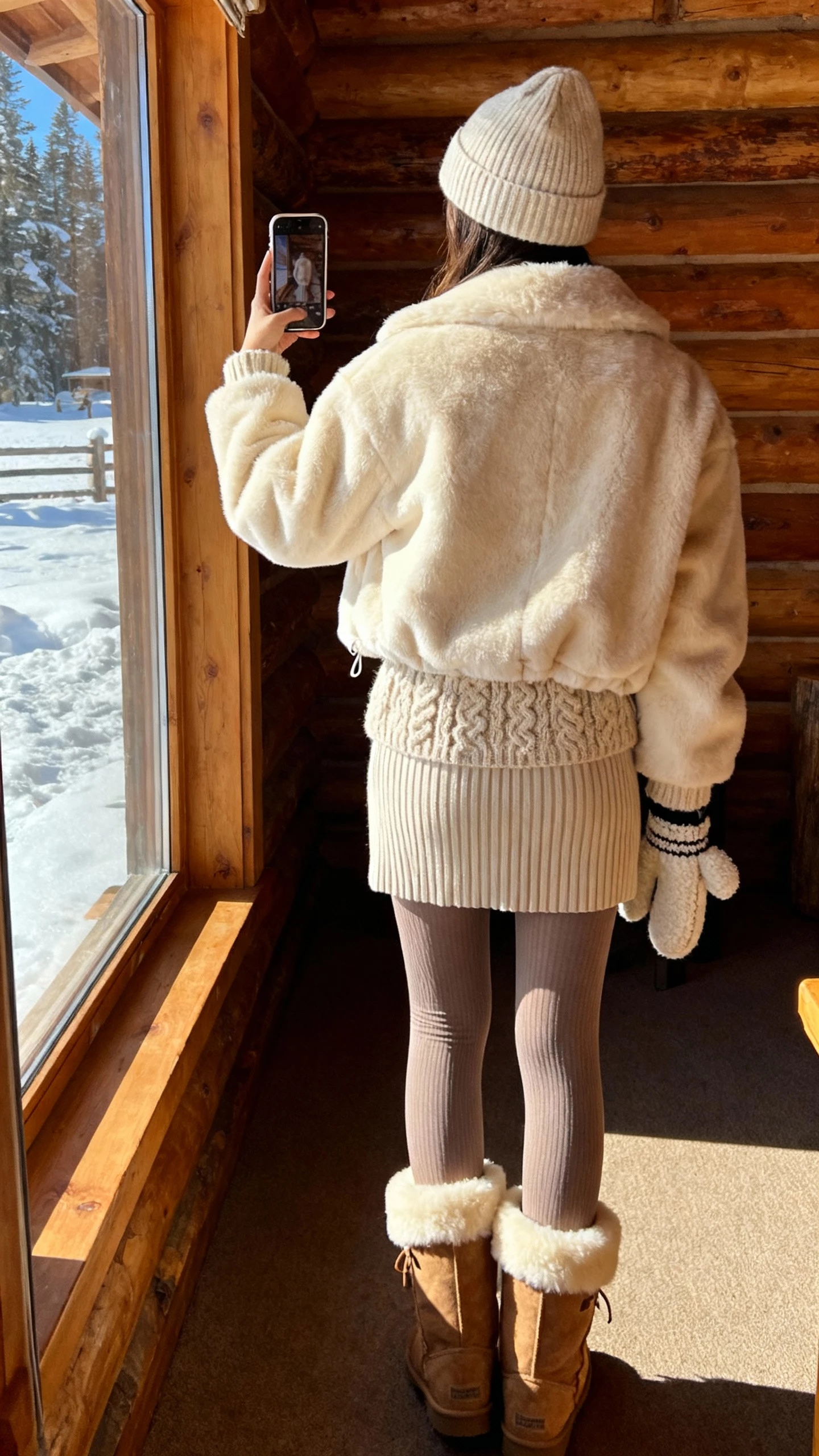 iPhone back-view selfie of a woman wearing a cream faux-fur jacket over a chunky knit sweater, ribbed knit skirt, thermal tights, après-ski beanie, shearling-lined boots, and mittens, standing by a lodge window, face not visible, cozy afternoon light, natural iPhone photo quality
