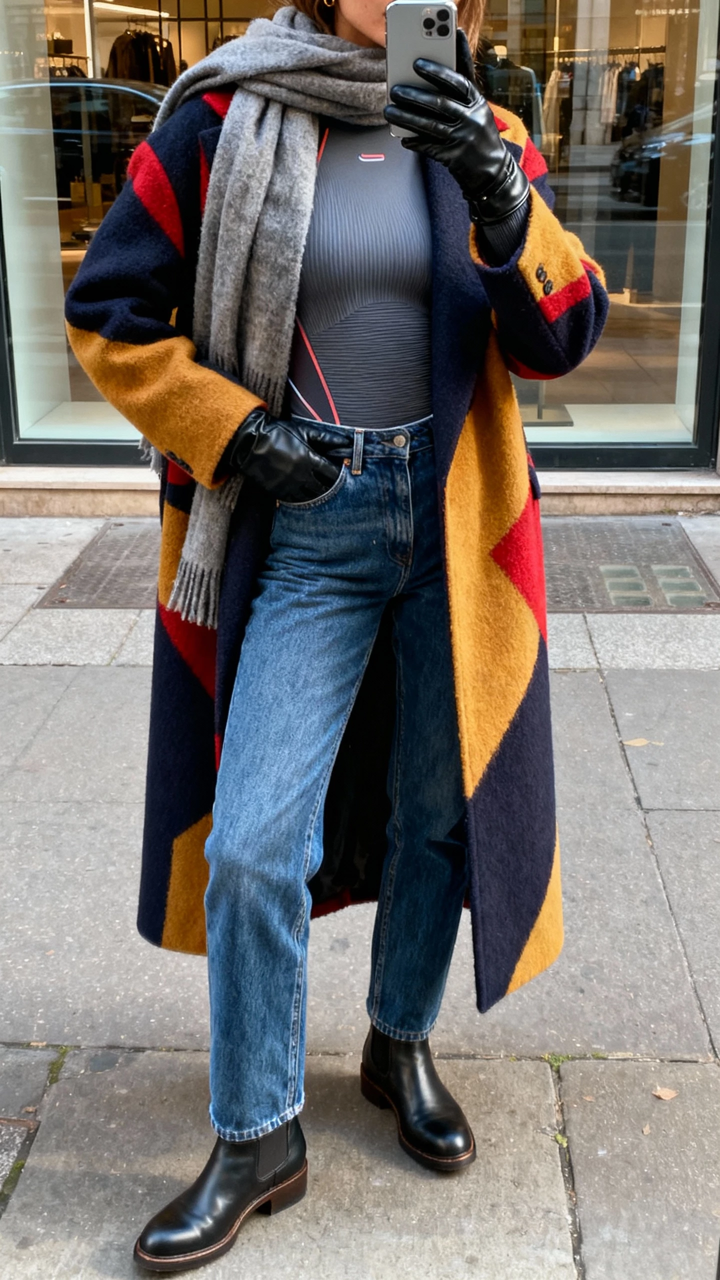 iPhone back-view selfie of a woman wearing a fitted thermal base layer under a bold statement coat, straight jeans, Chelsea boots, scarf, leather gloves, face not visible, city street storefront reflection, crisp daylight, natural iPhone photo quality