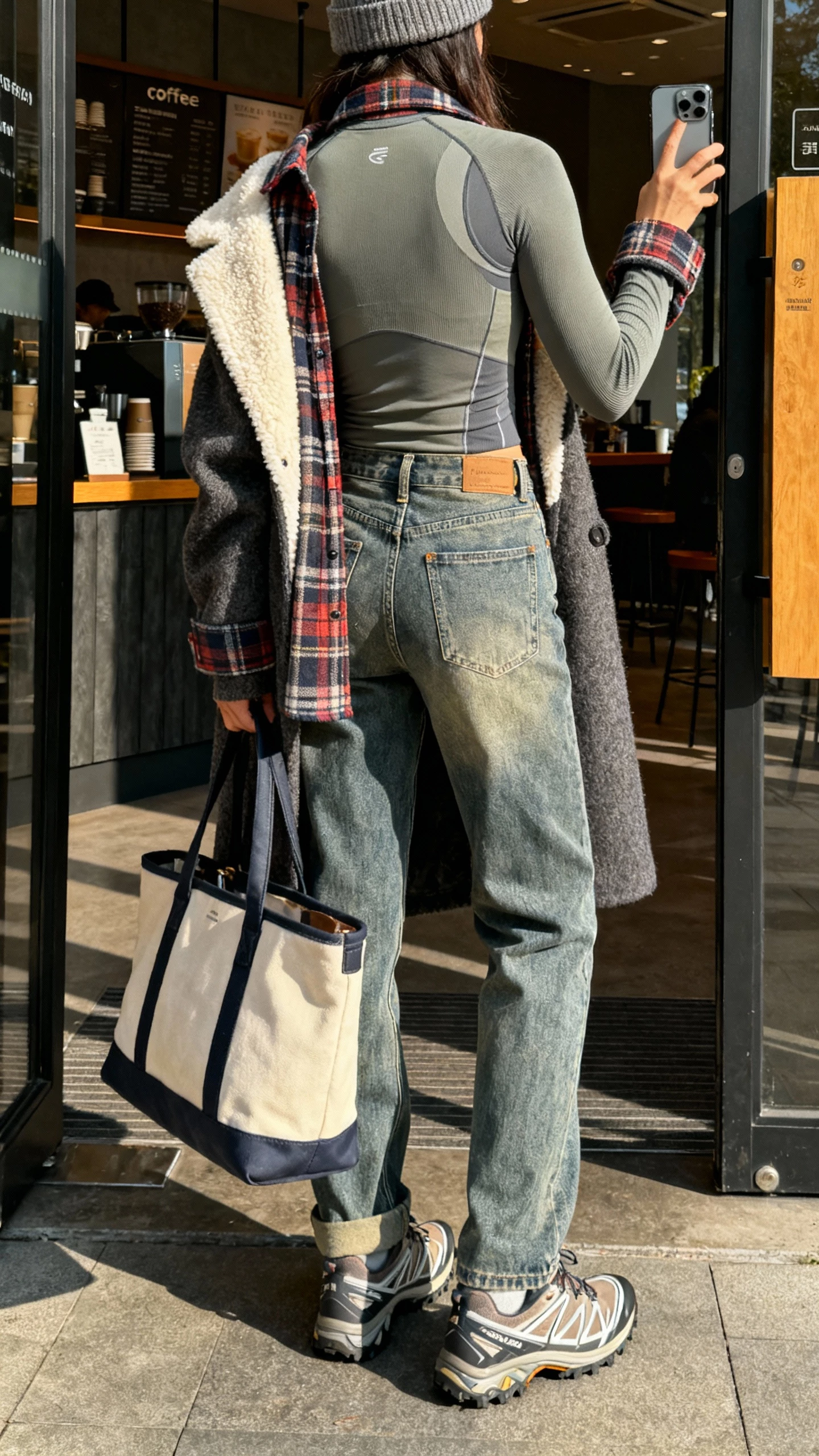 iPhone back-view selfie of a woman wearing a fitted thermal base layer, cozy fleece, plaid shacket on top, sharp wool coat, relaxed jeans, trail sneakers, beanie, and a weekend tote, face not visible, coffee shop doorway in daylight, casual iPhone photo.