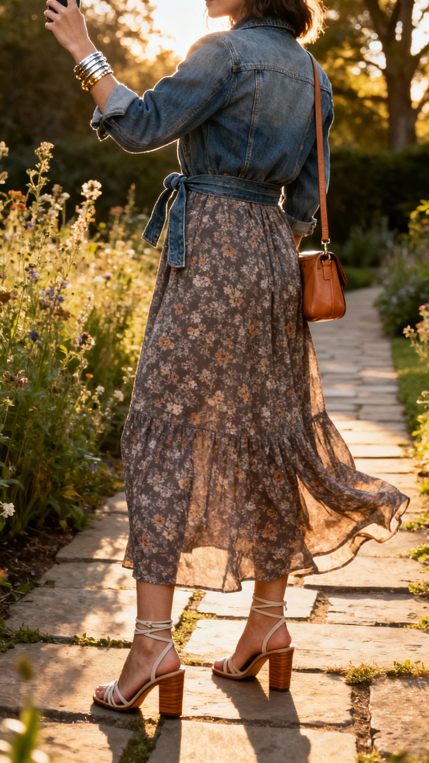 iPhone back-view selfie of a woman wearing a flowy maxi dress cinched with a belted denim jacket, heeled sandals, layered bracelets, small crossbody bag, face not visible, taken in a garden path at golden hour, natural iPhone photo quality.