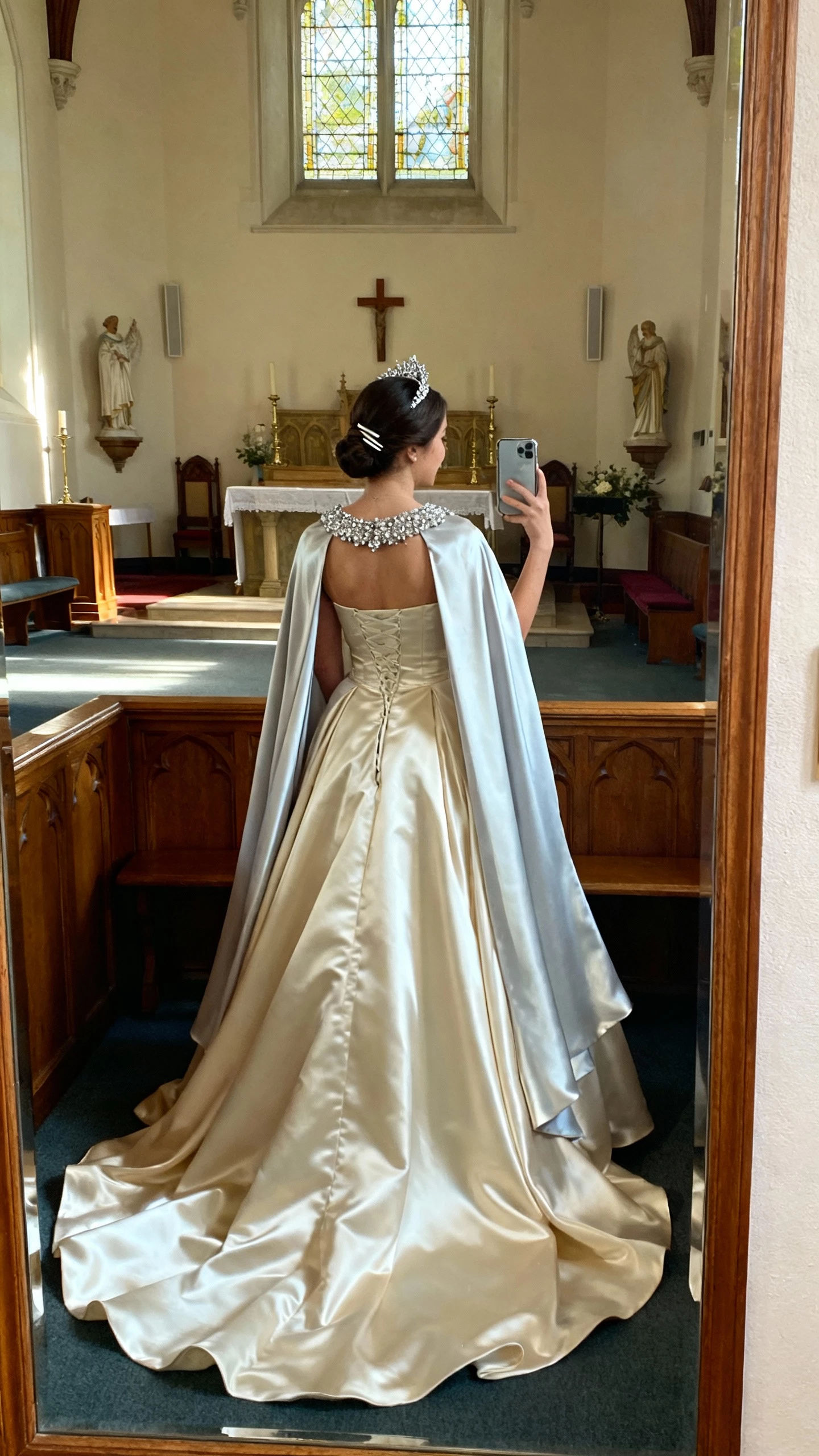 iPhone back-view selfie of a woman wearing a regal cape ball gown with a flowing detachable cape, satin bodice, embellished neckline, and tiara-style hair comb, face not visible, church vestibule mirror, soft afternoon light, natural iPhone photo quality