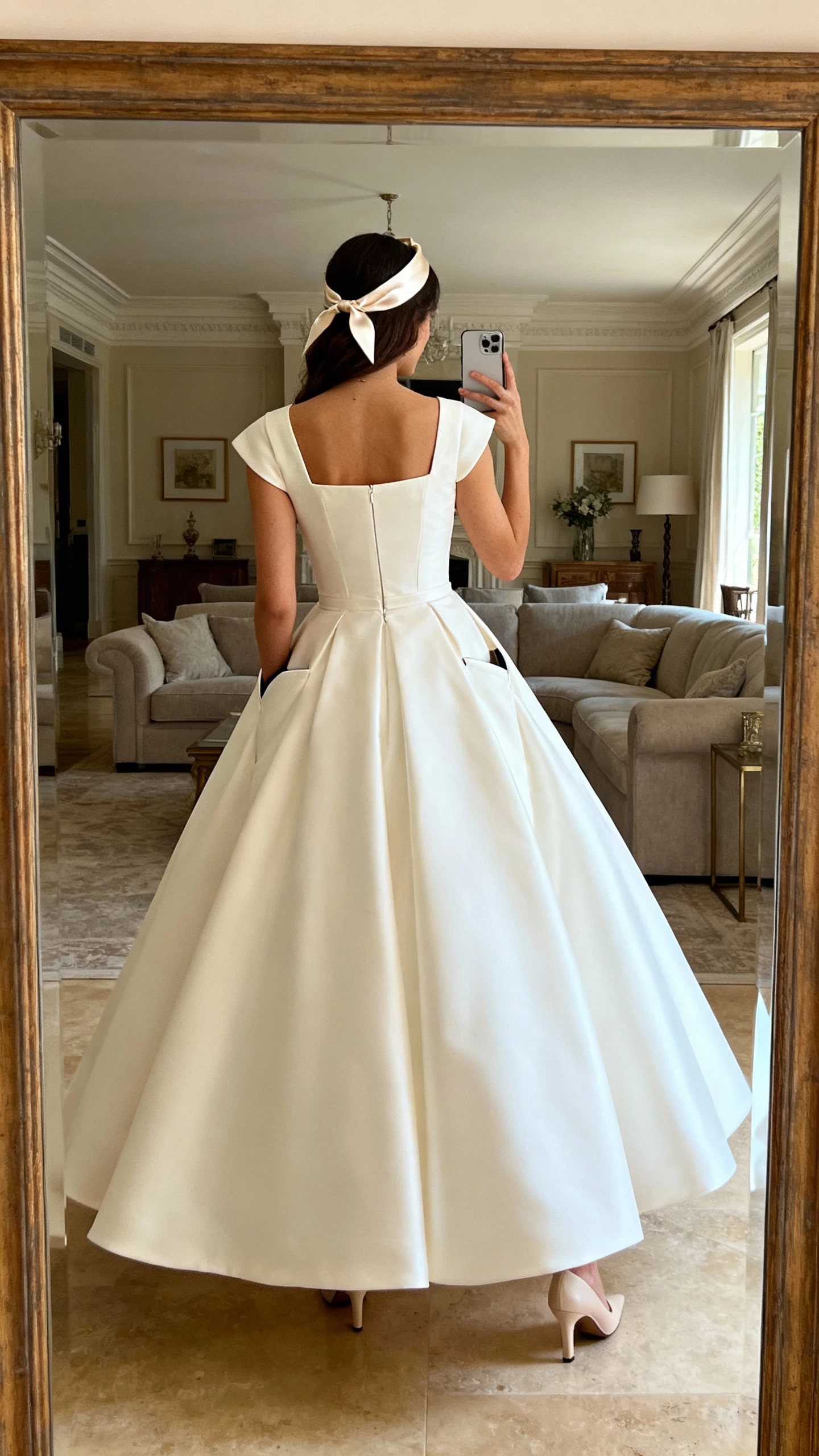 iPhone back-view selfie of a woman wearing a regal square-neck ballgown wedding dress with structured bodice, full skirt, hidden pockets, satin headband, and classic pumps, face not visible, grand living room mirror, indoor daylight, natural iPhone photo quality.
