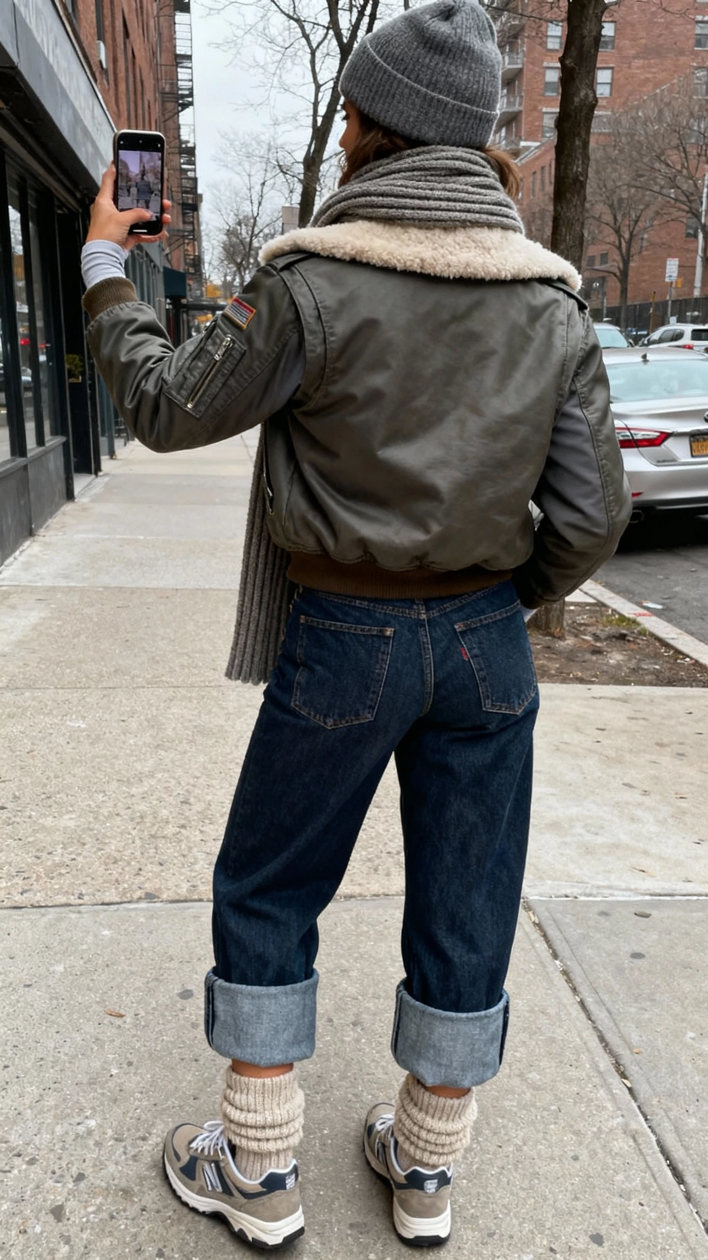 iPhone back-view selfie of a woman wearing a shearling-lined aviator jacket, soft thermal long-sleeve, high-rise barrel-leg jeans, weatherproof retro sneakers with thick wool socks peeking out, plus a chunky ribbed scarf and matching beanie; city sidewalk, overcast daylight, face not visible, natural iPhone photo quality.