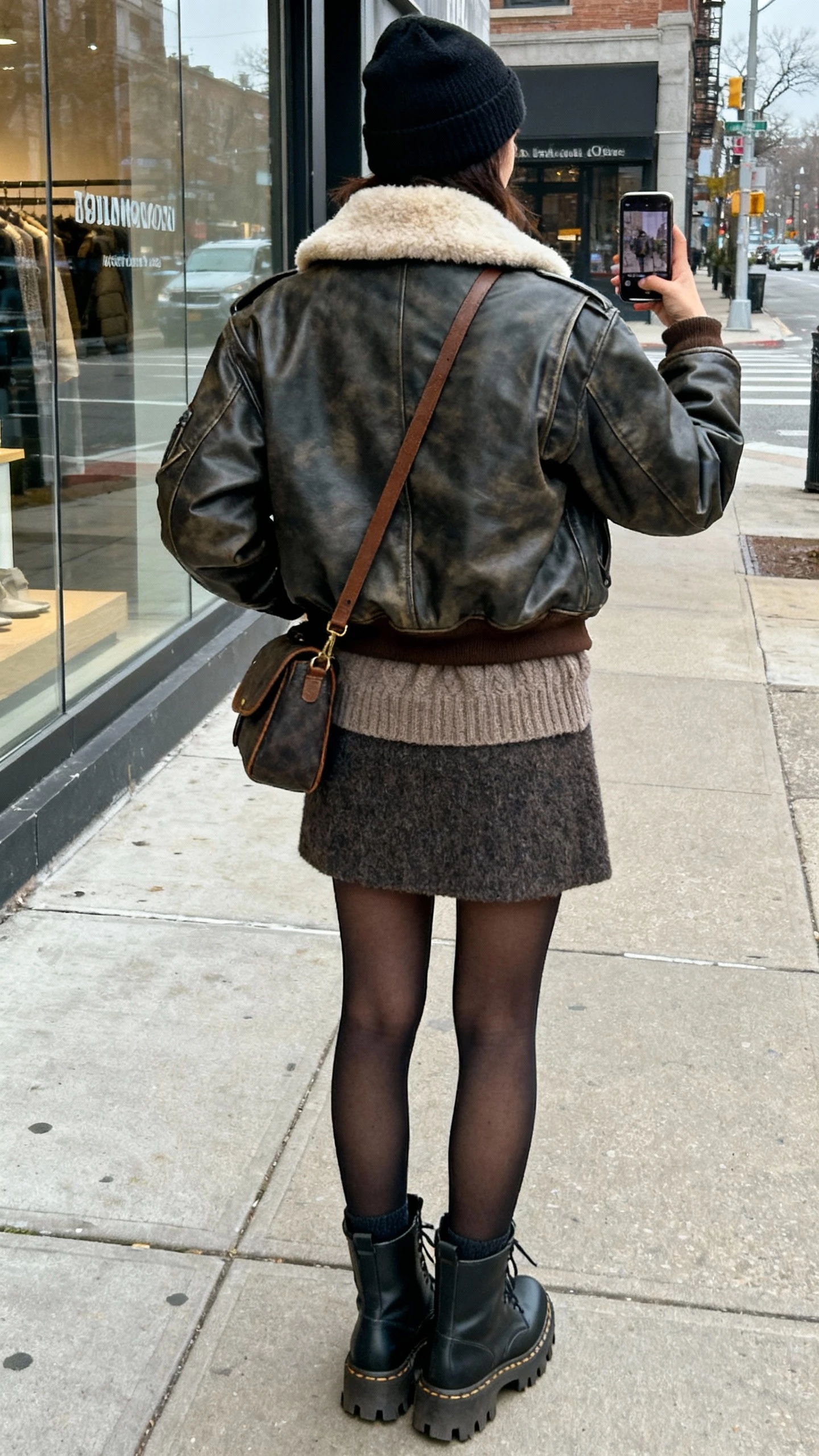 iPhone back-view selfie of a woman wearing a shearling-collared aviator jacket, warm knit top, wool mini skirt with tights, lug-sole boots, crossbody bag, beanie, face not visible, city sidewalk storefront reflection, overcast natural light, casual iPhone photo.