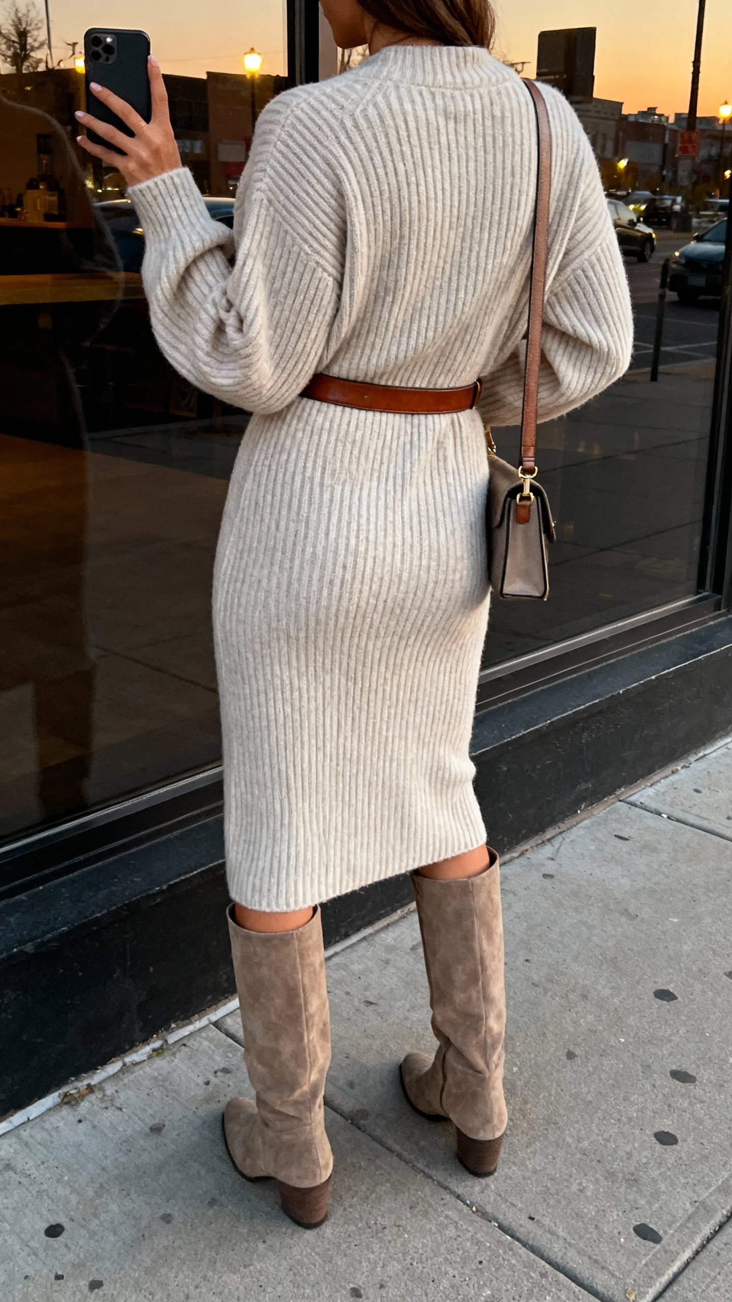 iPhone back-view selfie of a woman wearing a statement knit dress with rib texture and knee-high boots, slim leather belt, small shoulder bag, face not visible, city sidewalk window reflection at dusk, natural street light, casual iPhone photo.