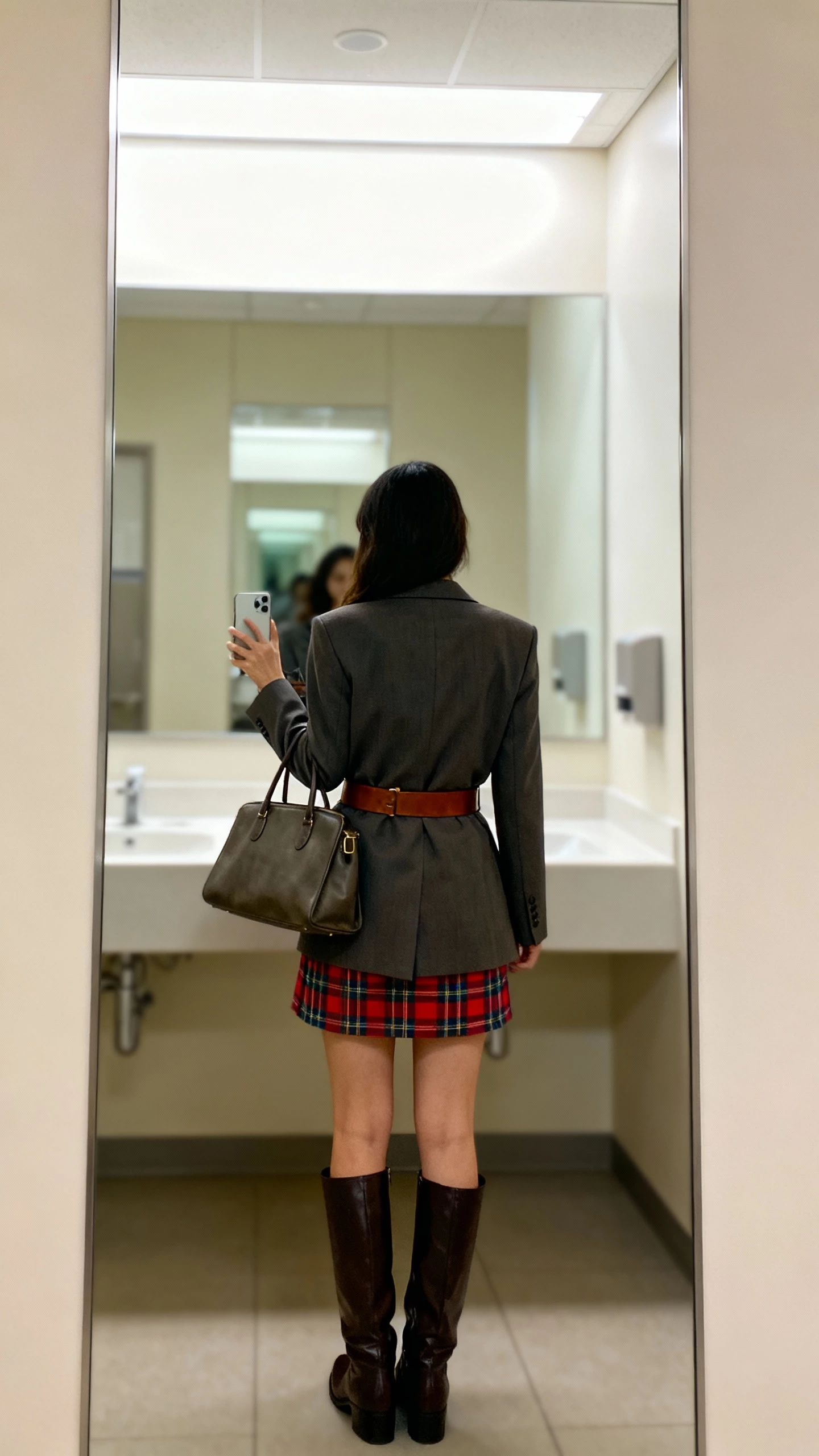 iPhone back-view selfie of a woman wearing a tartan mini skirt, tall boots, and a sharp blazer with a leather belt and structured tote, face not visible, office restroom mirror, bright overhead light, natural iPhone photo.