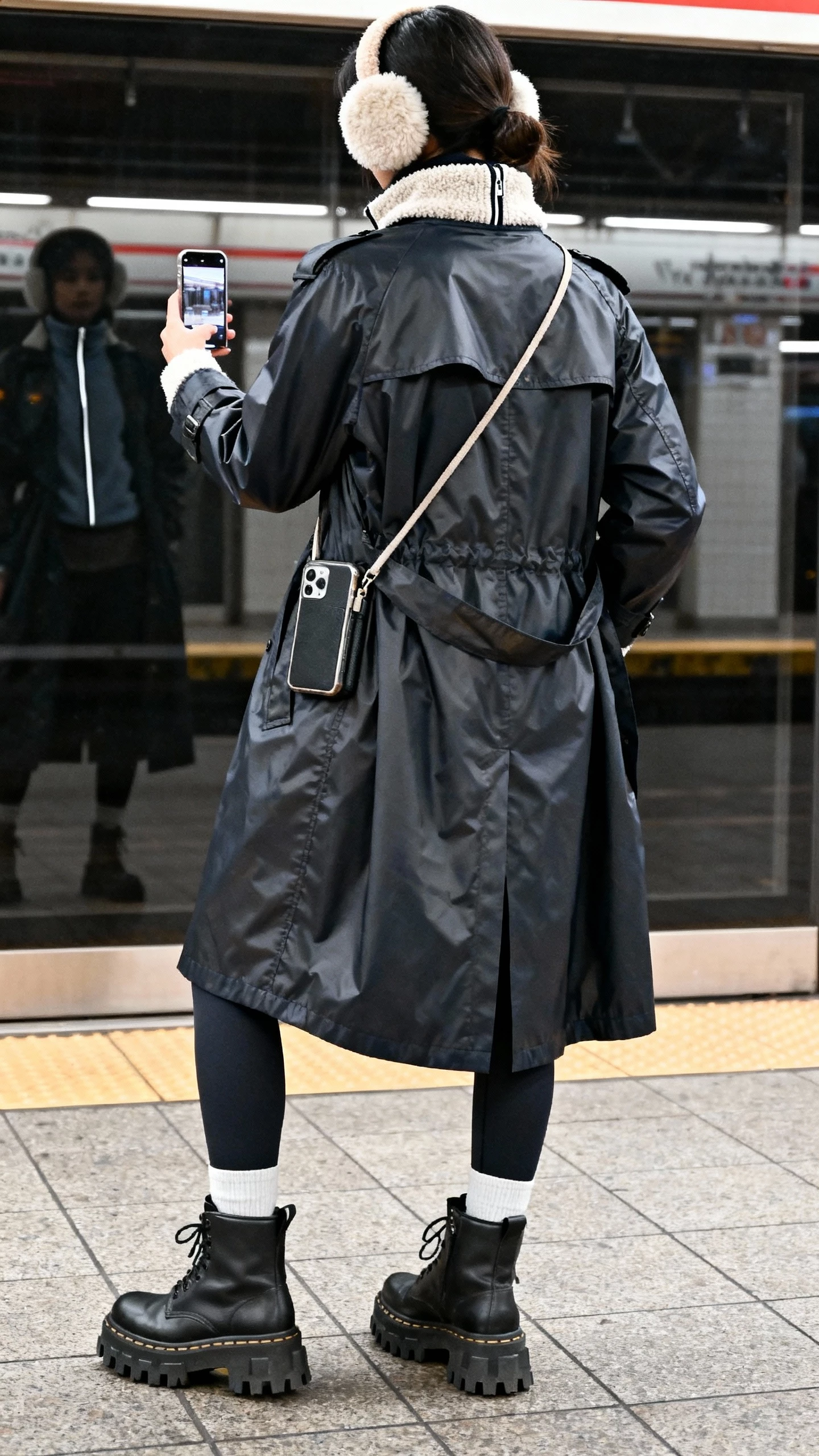 iPhone back-view selfie of a woman wearing a techno-trench (water-resistant) layered over a fleece half-zip and leggings, lug-sole boots, crossbody phone pouch, and ear warmers, face not visible, subway platform reflection, overcast natural light.