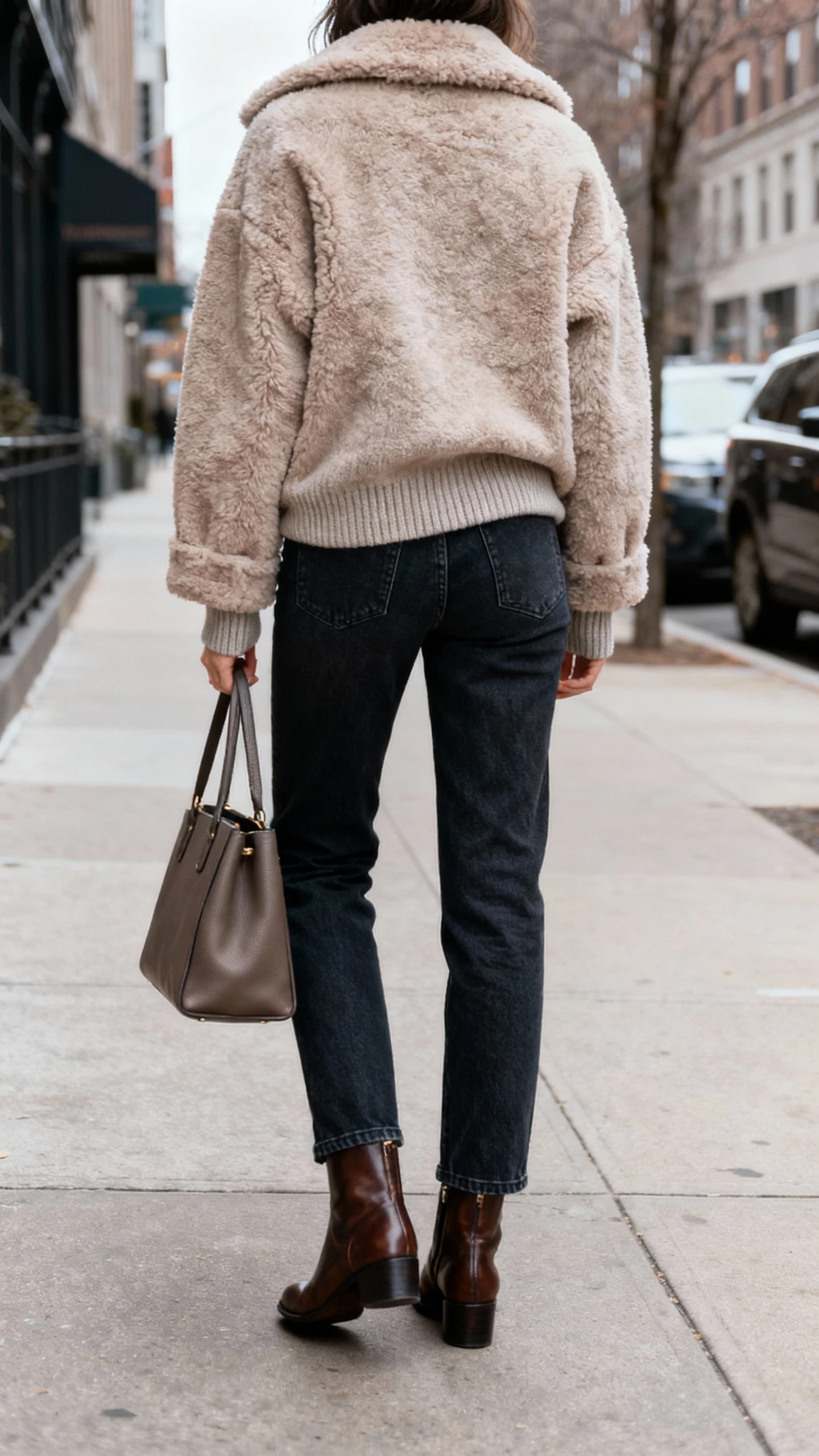 iPhone back-view selfie of a woman wearing a teddy coat over a cashmere crewneck, straight-leg jeans, leather ankle boots, and a structured tote, face not visible, city sidewalk, overcast natural light, casual iPhone photo.