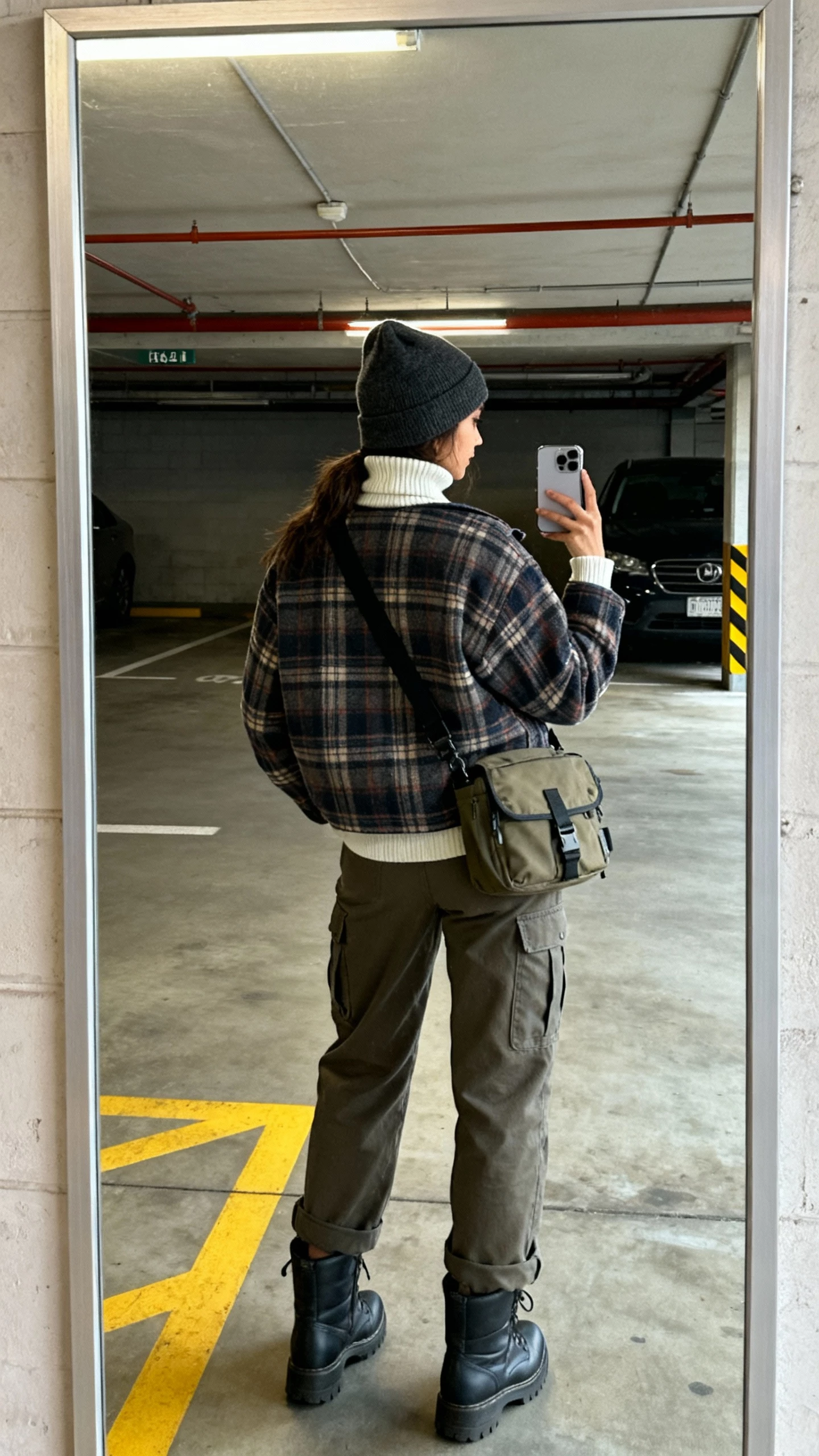 iPhone back-view selfie of a woman wearing a turtleneck under a plaid shacket with cargo pants, chunky boots, beanie, crossbody utility bag, face not visible, parking garage mirror, natural daylight, casual iPhone photo.