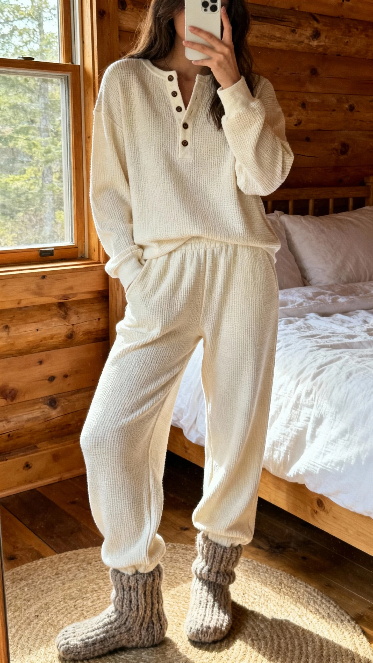 iPhone back view selfie of a woman wearing a waffle knit henley set (button-front henley top and relaxed waffle pants) with chunky socks, face not visible, cabin-style bedroom by a window, morning natural light, casual iPhone photo.