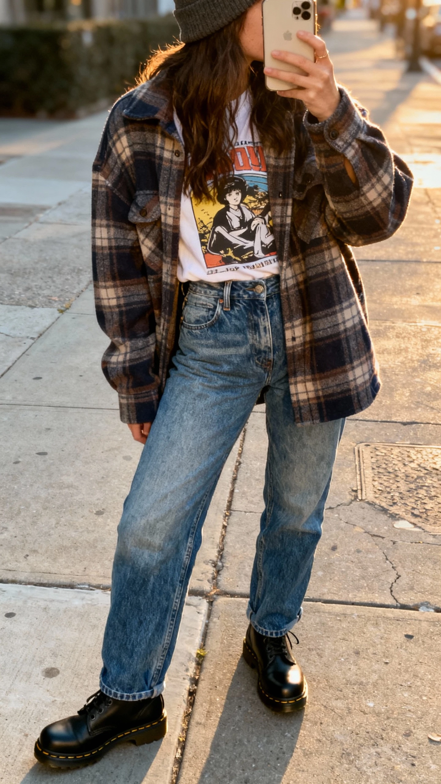 iPhone back-view selfie of a woman wearing an oversized plaid flannel over a graphic tee, high-waisted vintage blue jeans, black Doc Martens, and a beanie, face not visible, shot on a city sidewalk with late afternoon light, casual iPhone photo.