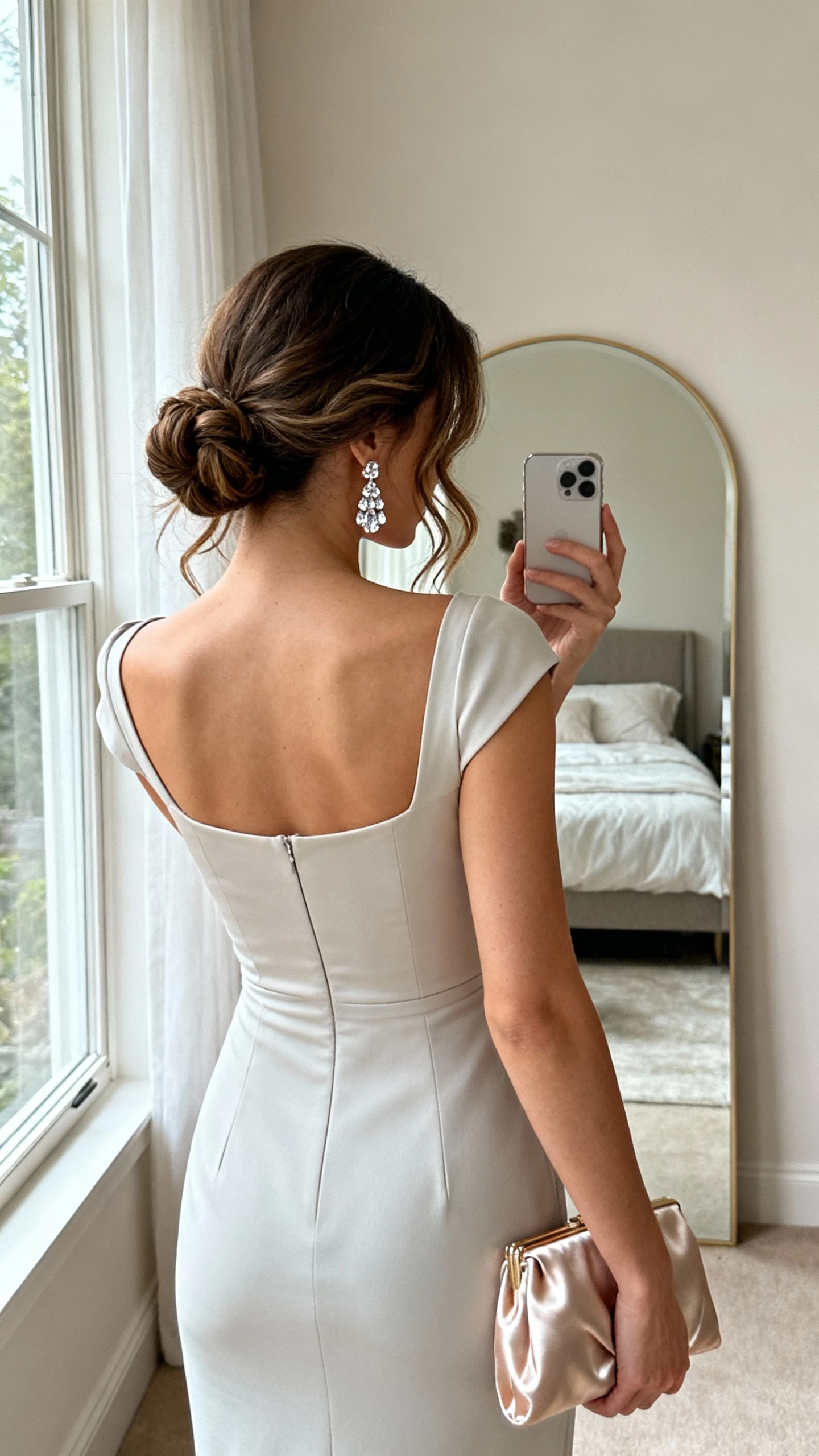iPhone back-view selfie of a woman with a classic French twist softened with loose pieces, fitted bateau-neck dress, crystal drop earrings, and a satin clutch in hand; face not visible, bedroom mirror, soft window light, natural iPhone photo.