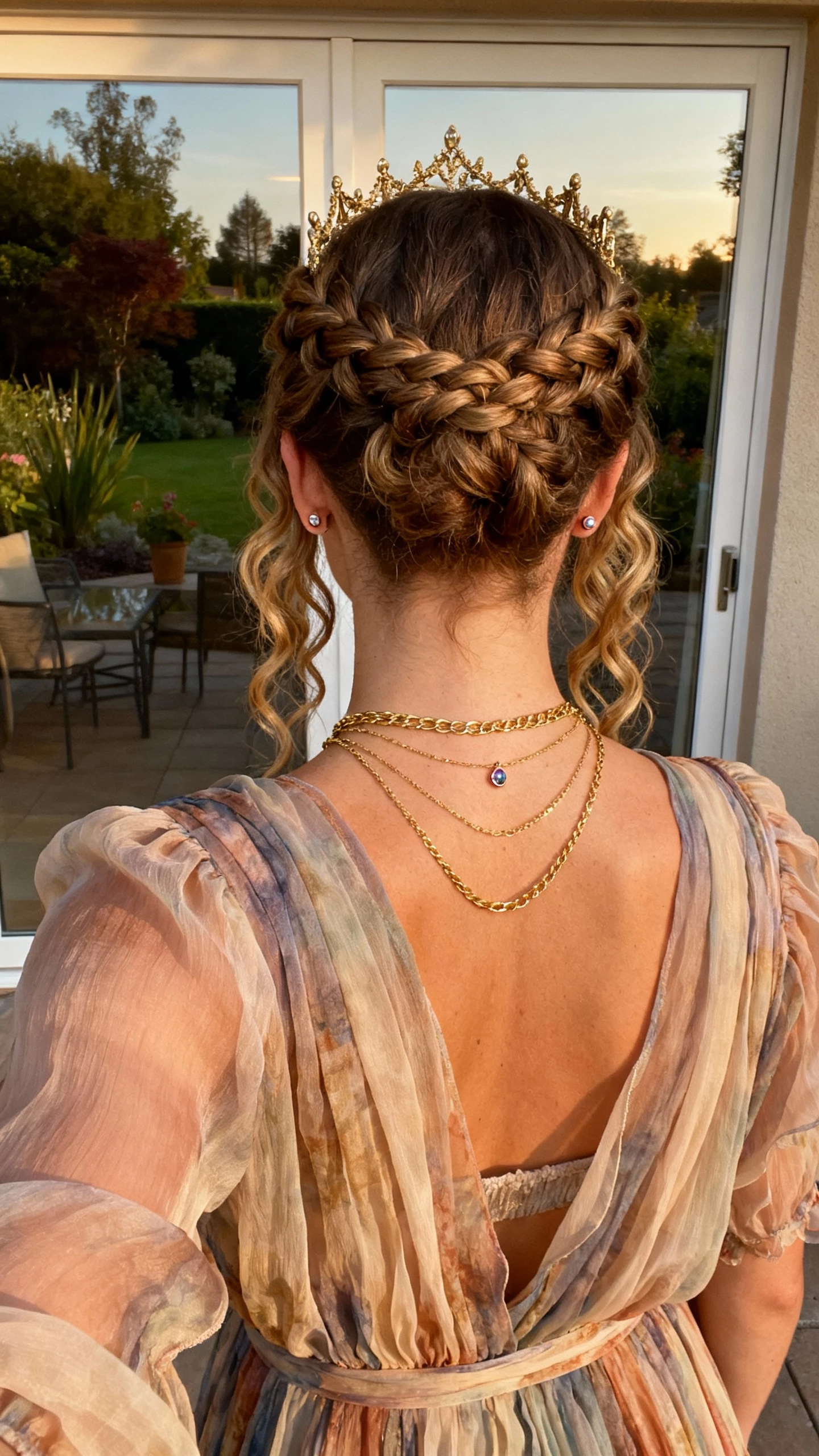 iPhone back-view selfie of a woman with a crown braid meeting loose curls, boho-regal chiffon dress, layered gold necklaces, small gemstone studs, face not visible, garden patio door reflection, late afternoon light, natural iPhone photo.