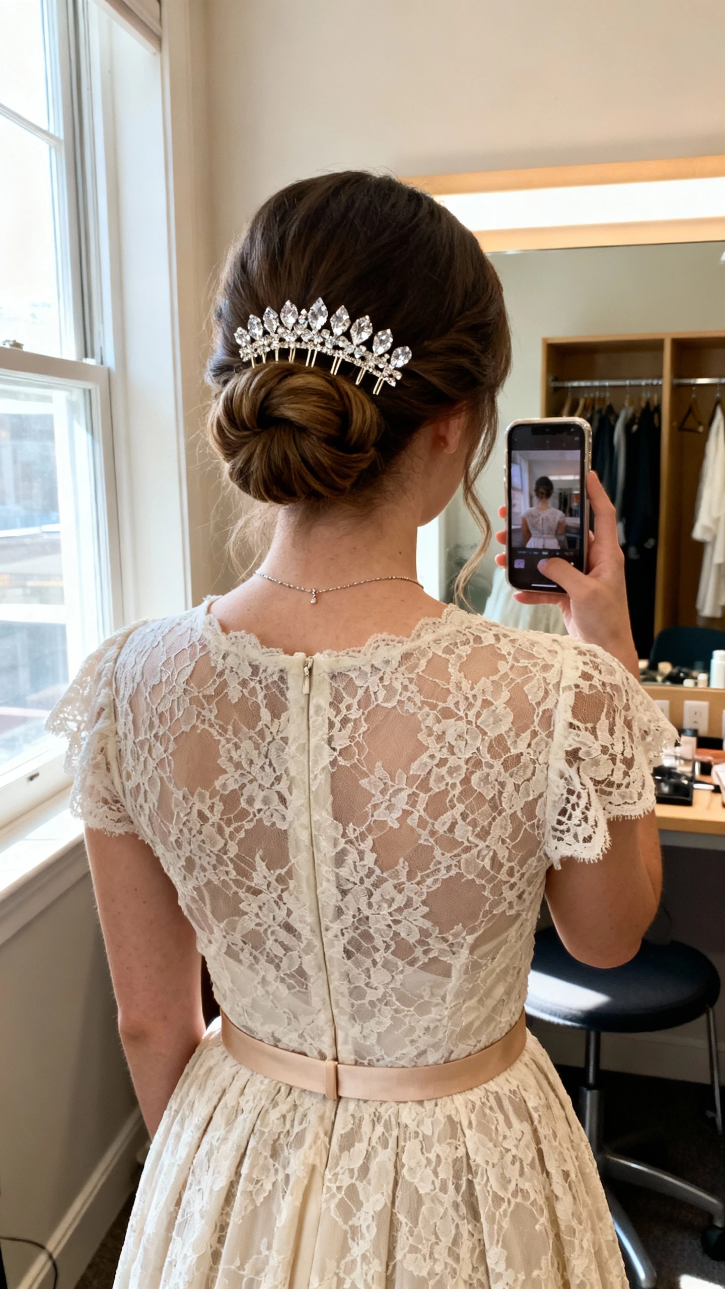 iPhone back-view selfie of a woman with a half-up twist secured by crystal combs, wearing a lace tea-length dress, thin belt, and dainty necklace, face not visible, dressing room mirror, gentle window light, natural iPhone aesthetic