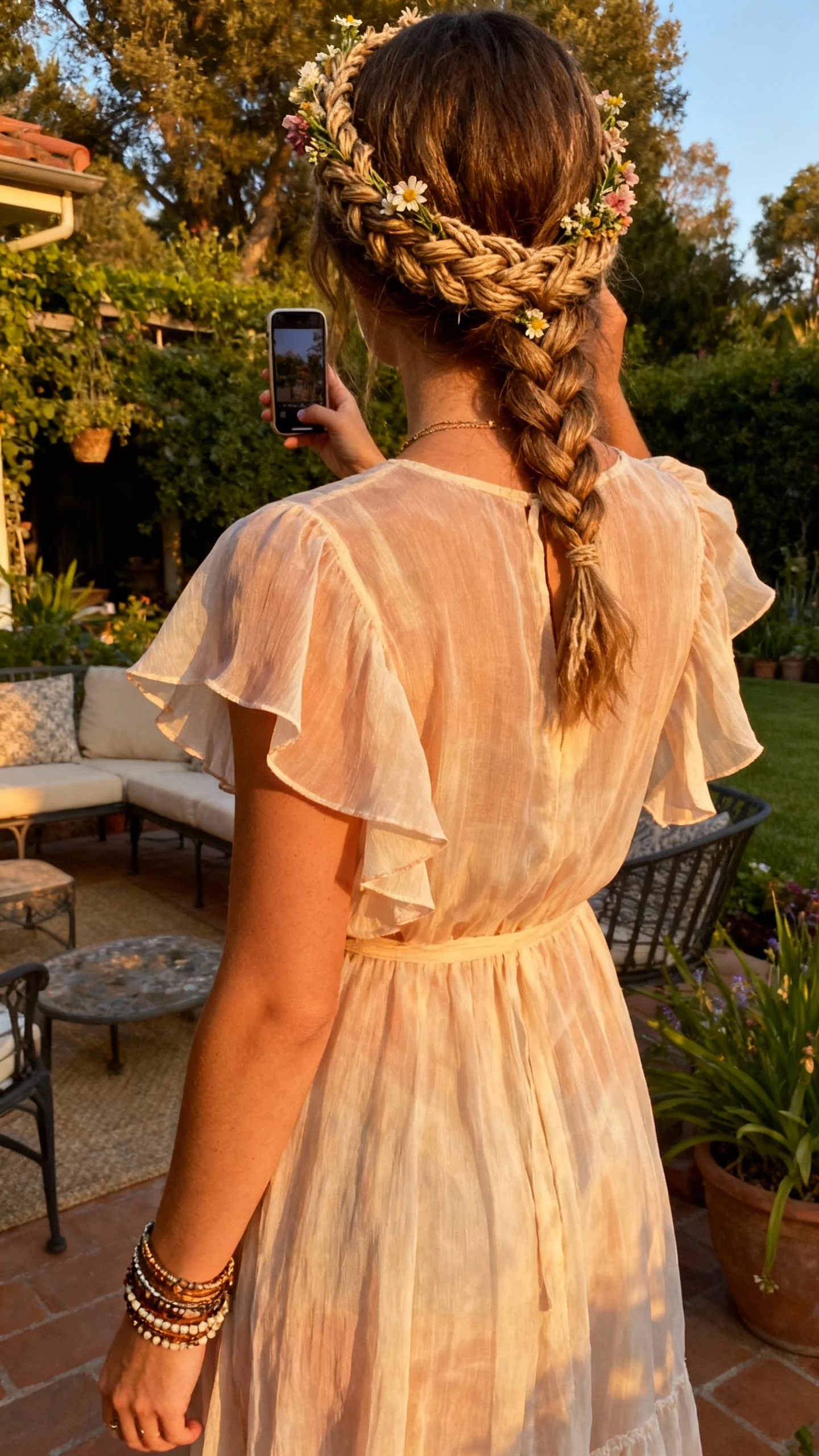 iPhone back-view selfie of a woman with a textured boho braid crown, small floral accents woven in, flowy chiffon dress with flutter sleeves, layered bracelets, face not visible, garden patio setting, golden hour light, natural iPhone photo quality.