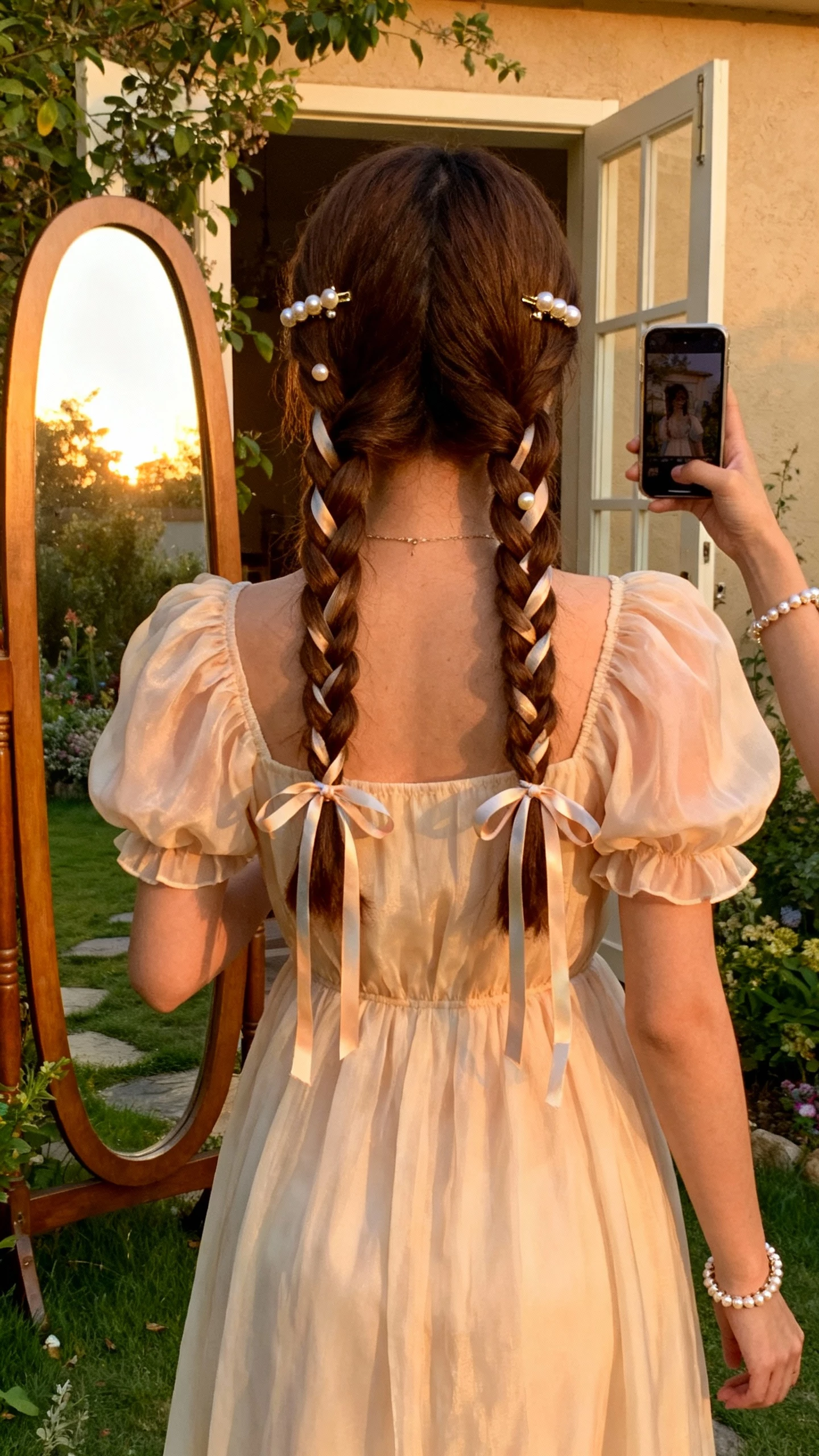iPhone back-view selfie of a woman with romantic milkmaid braids threaded with ribbon, puff-sleeve chiffon dress, pearl hairpins, delicate bracelets; face not visible, garden doorway mirror, golden-hour light, casual iPhone aesthetic.