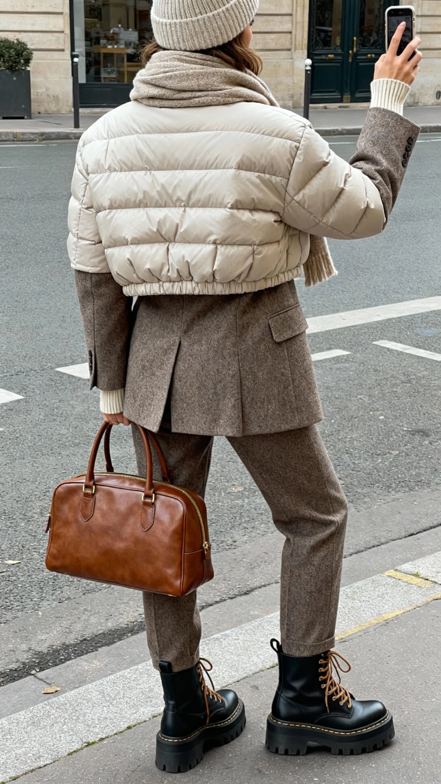 iPhone back-view street selfie of a woman in a lightweight cropped quilted puffer over a wool‑blend blazer with matching trousers, fine merino turtleneck, chunky lace‑up boots, leather top‑handle bag, knit beanie and cashmere scarf; face not visible, natural daylight, casual iPhone photo.