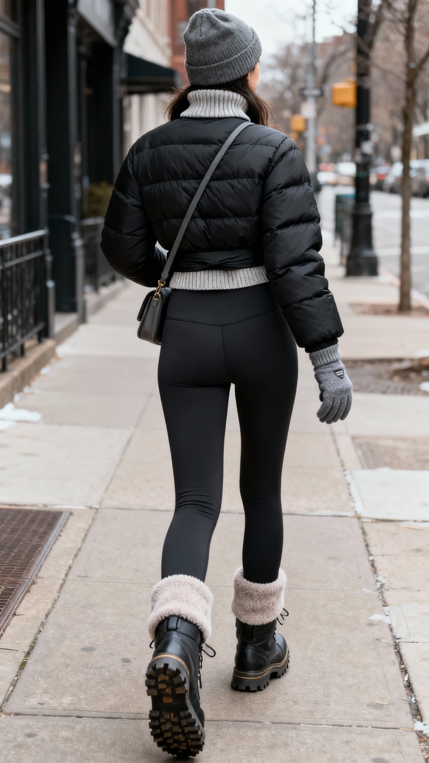 iPhone back-view street selfie of a woman in a monochrome belted puffer, fine-knit mock neck, high-waisted fleece-lined leggings, weatherproof lug-sole boots, cozy beanie, touchscreen gloves, and a crossbody, face not visible, walking on a city sidewalk, overcast natural daylight, casual iPhone quality.