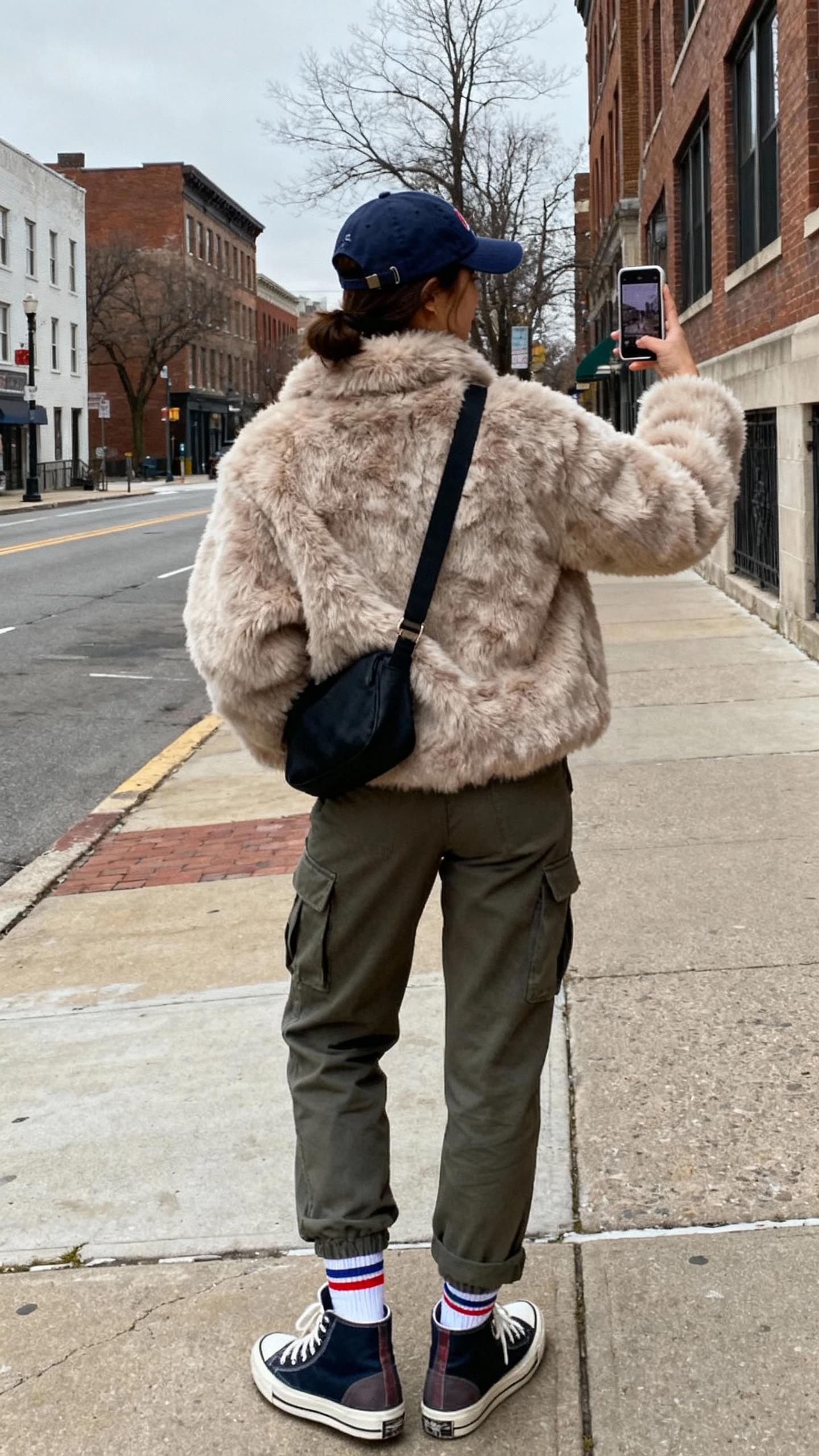 iPhone back-view street selfie of a woman in a plush fur jacket with cargo pants, high-top sneakers, crossbody bag, baseball cap, sporty socks, face not visible, urban sidewalk, overcast daylight, natural iPhone photo quality.