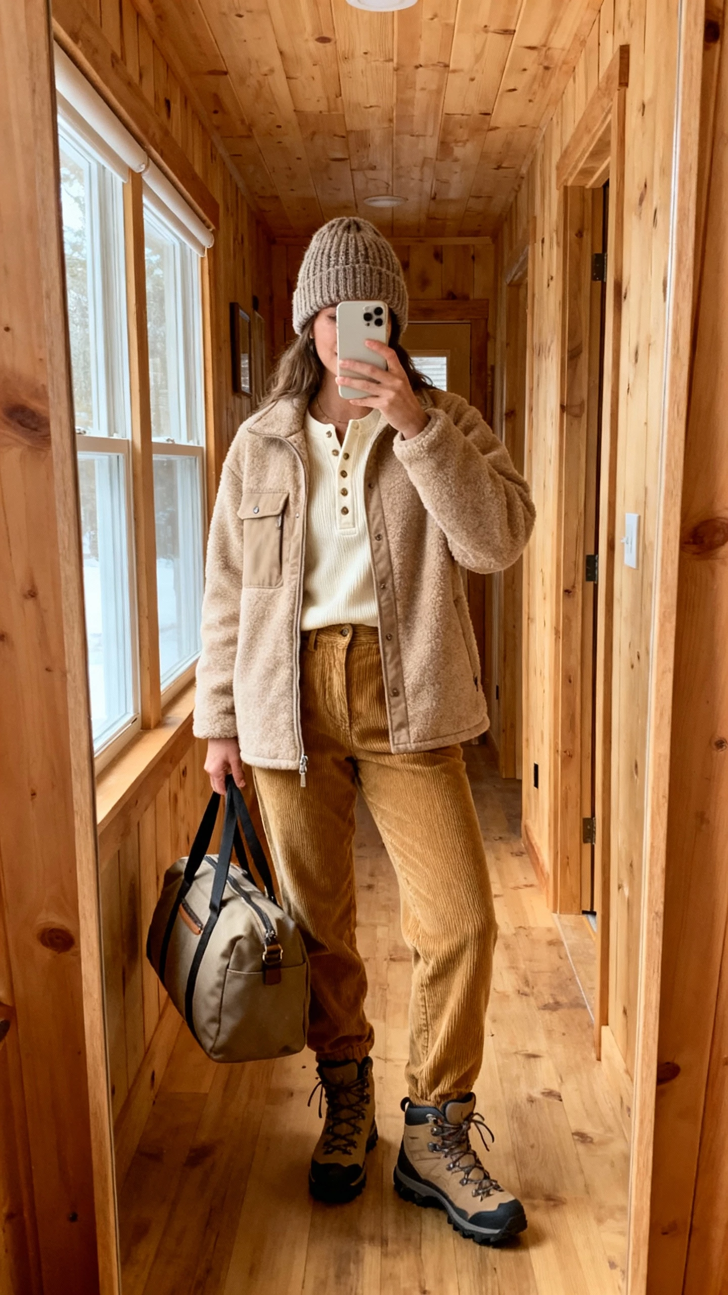 iPhone cabin hallway mirror selfie of a woman wearing a cozy beige shacket over a cream henley, tan corduroy pants, hiking-inspired boots, knit beanie, weekender bag, face not visible, natural afternoon window light, casual iPhone aesthetic.