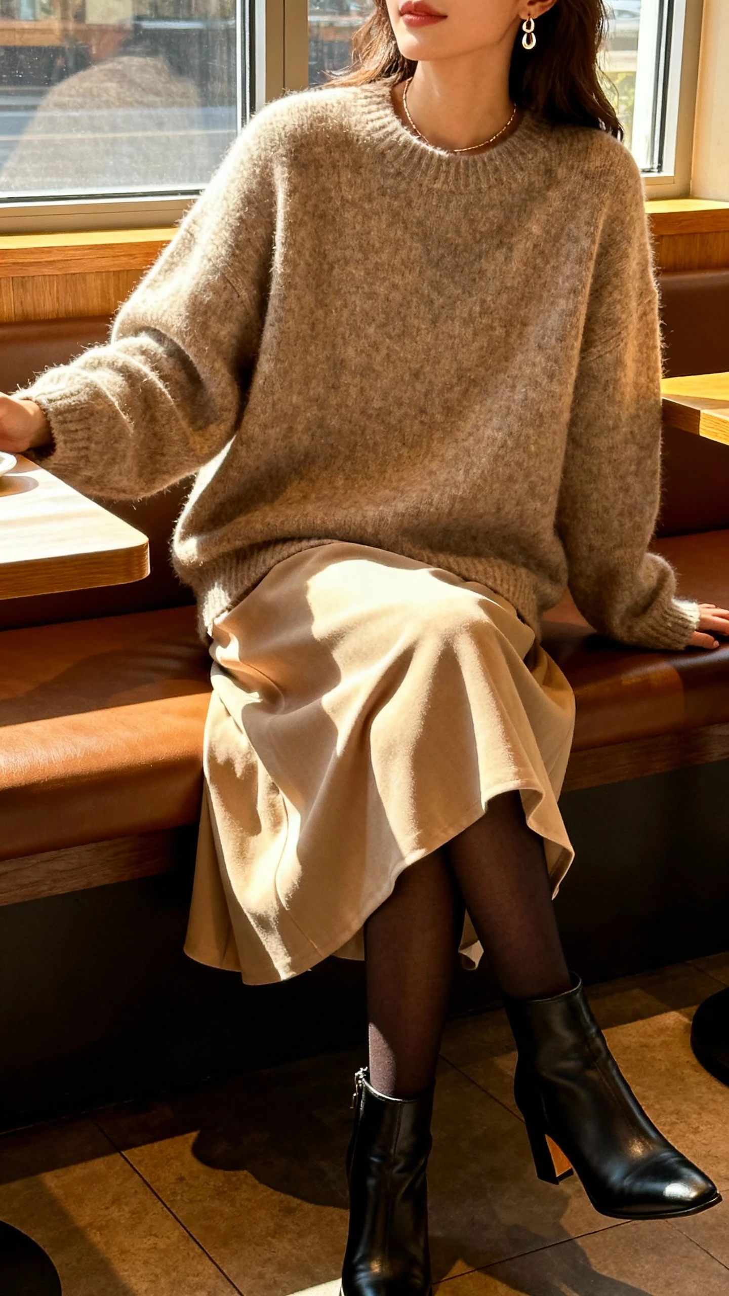 iPhone cafe booth selfie cropped at shoulders of a woman wearing a cozy oversized sweater with a flowy midi skirt, tights, heeled ankle boots, and delicate earrings; face not visible, warm indoor lighting by window, natural iPhone photo.