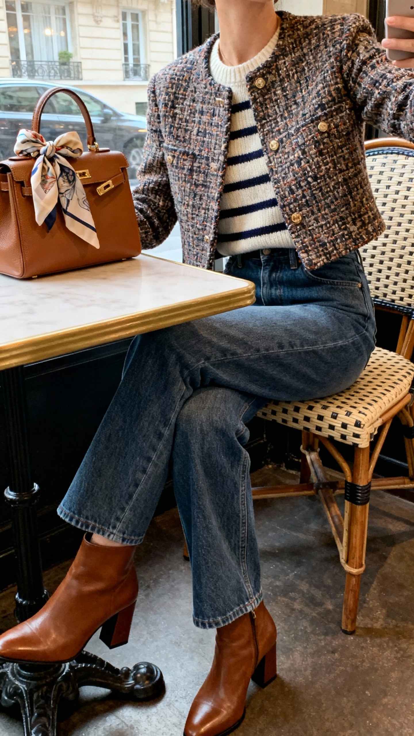 iPhone café table selfie cropped at neck of a woman in block-heel ankle boots, cropped tweed jacket, striped knit, ankle-grazing straight jeans, silk scarf tied on a leather handbag, face not visible, Parisian-style café window light, natural iPhone aesthetic.