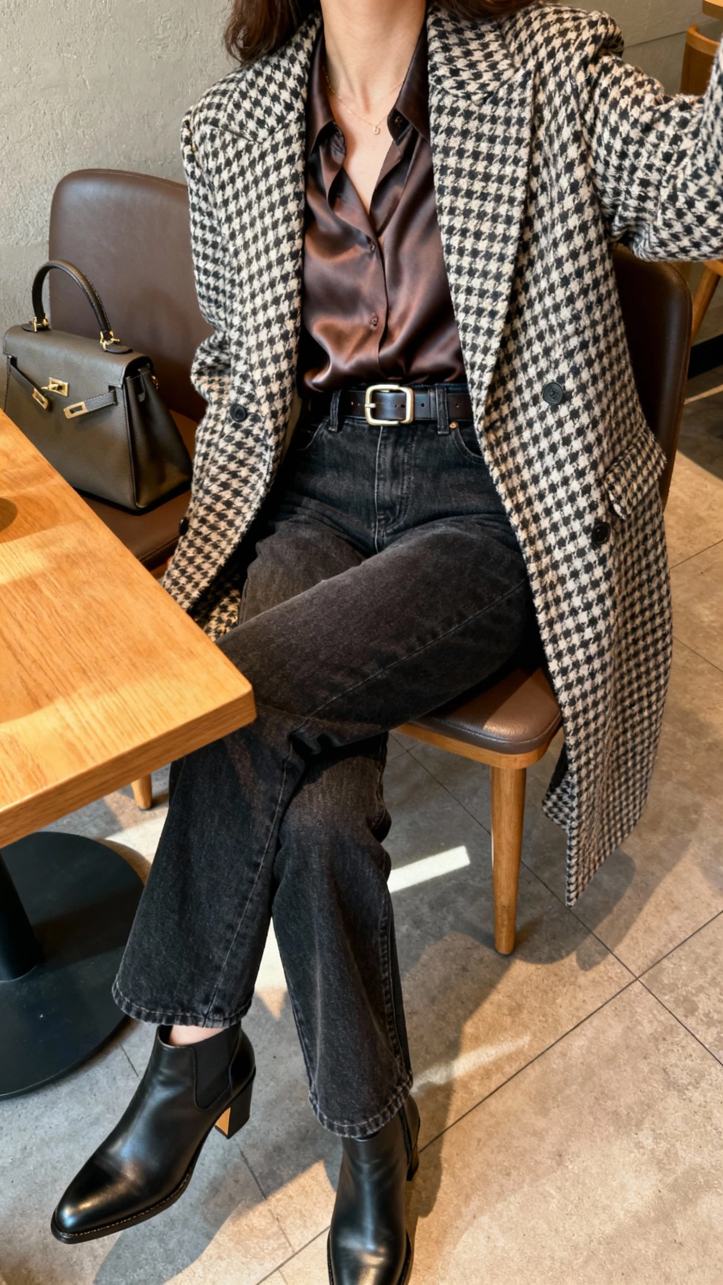 iPhone café table selfie cropped at neck showing a woman wearing high-rise dark-wash straight jeans, silky blouse, bold statement coat (houndstooth), heeled Chelsea boots, polished belt with subtle hardware, and a medium handbag on chair, face not visible, warm indoor morning light, natural iPhone photo.