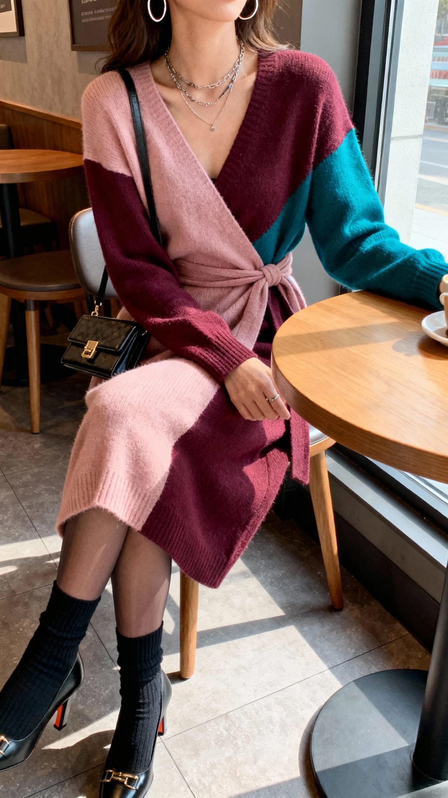 iPhone cafe table selfie, cropped at neck, showing a woman in a long-sleeve wrap sweater dress (blush/wine/teal) with heeled sock boots or classic pumps, layered necklaces, medium hoops, compact shoulder bag or clutch, optional sheer tights; face not visible, coffee shop setting, window light, natural iPhone photo quality.